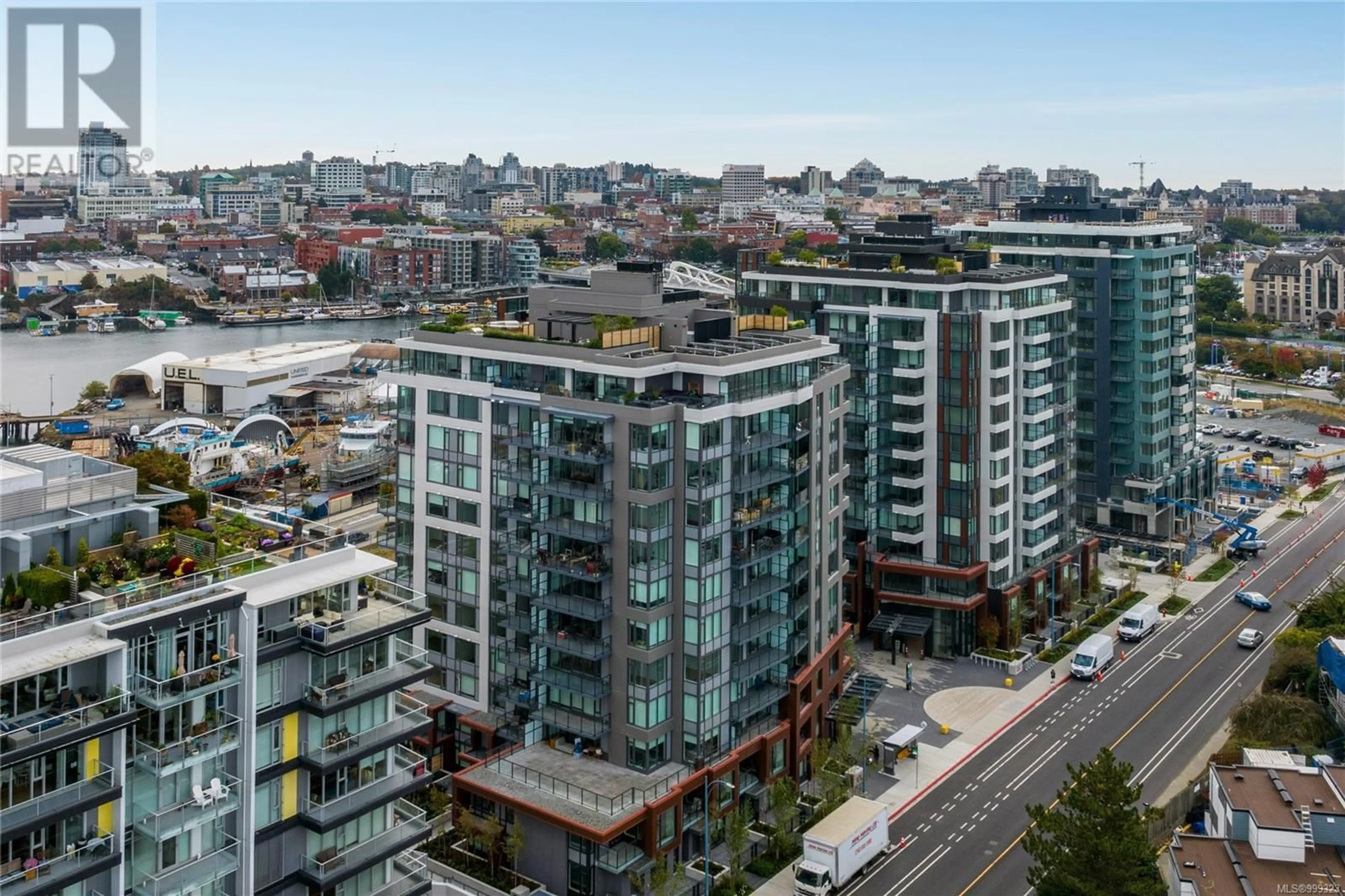 A pic from outside/outdoor area/front of a property/back of a property/a pic from drone, city buildings view from balcony for 507 - 369 TYEE ROAD, Victoria British Columbia V9A0B6