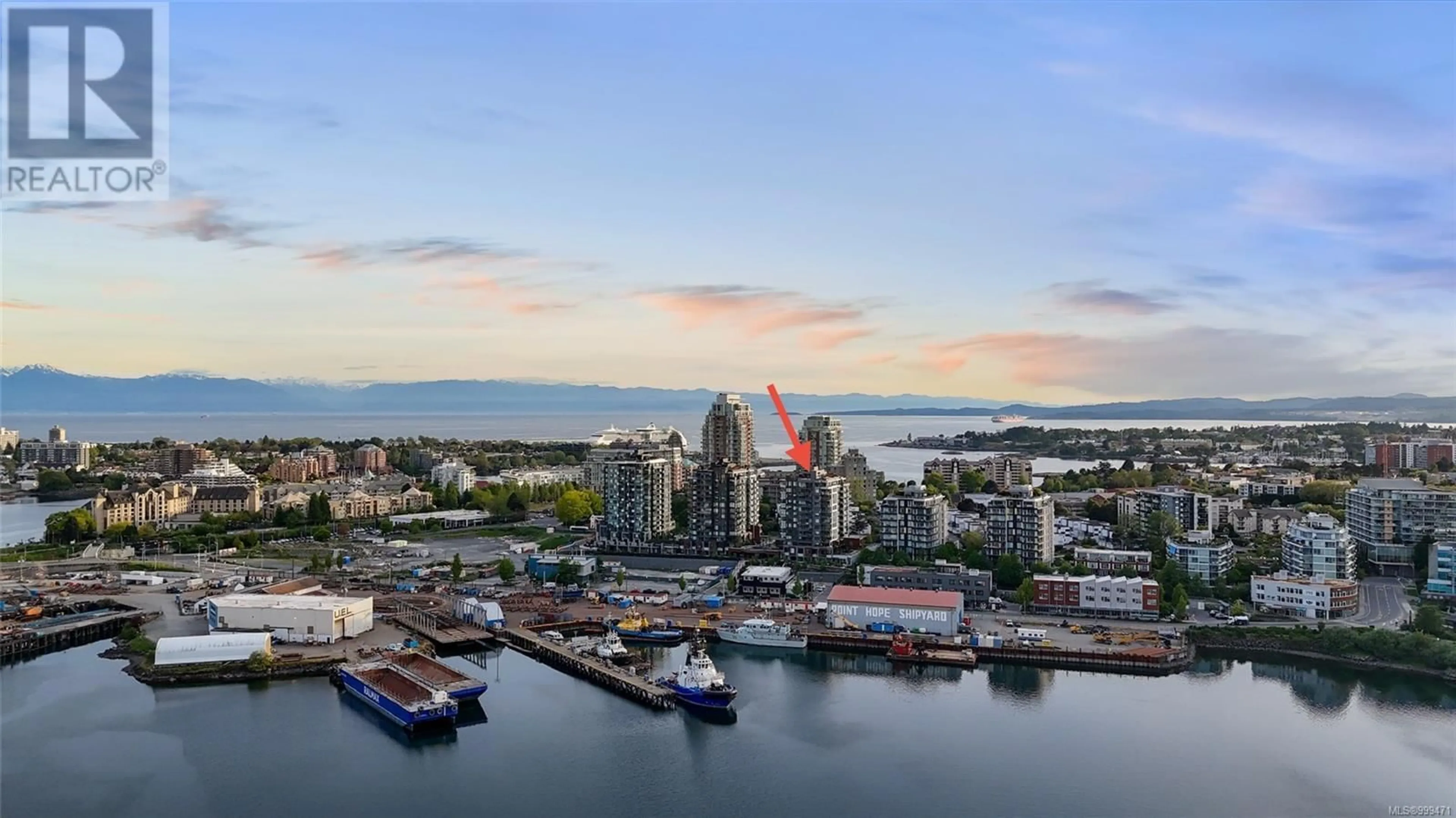 A pic from outside/outdoor area/front of a property/back of a property/a pic from drone, water/lake/river/ocean view for 908 - 369 TYEE ROAD, Victoria British Columbia V9A0B6