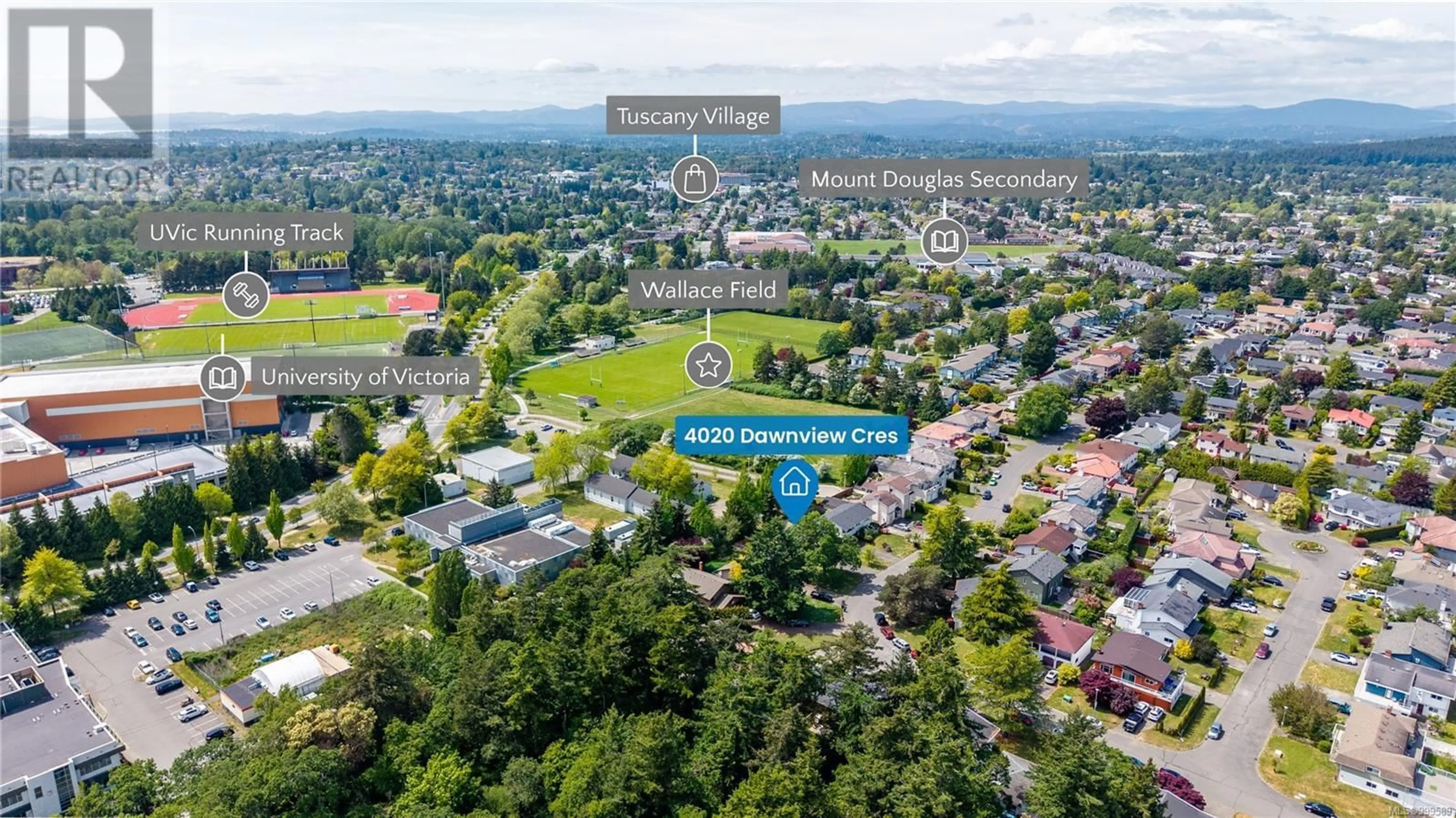 A pic from outside/outdoor area/front of a property/back of a property/a pic from drone, mountain view for 4020 DAWNVIEW CRESCENT, Saanich British Columbia V8N5M8