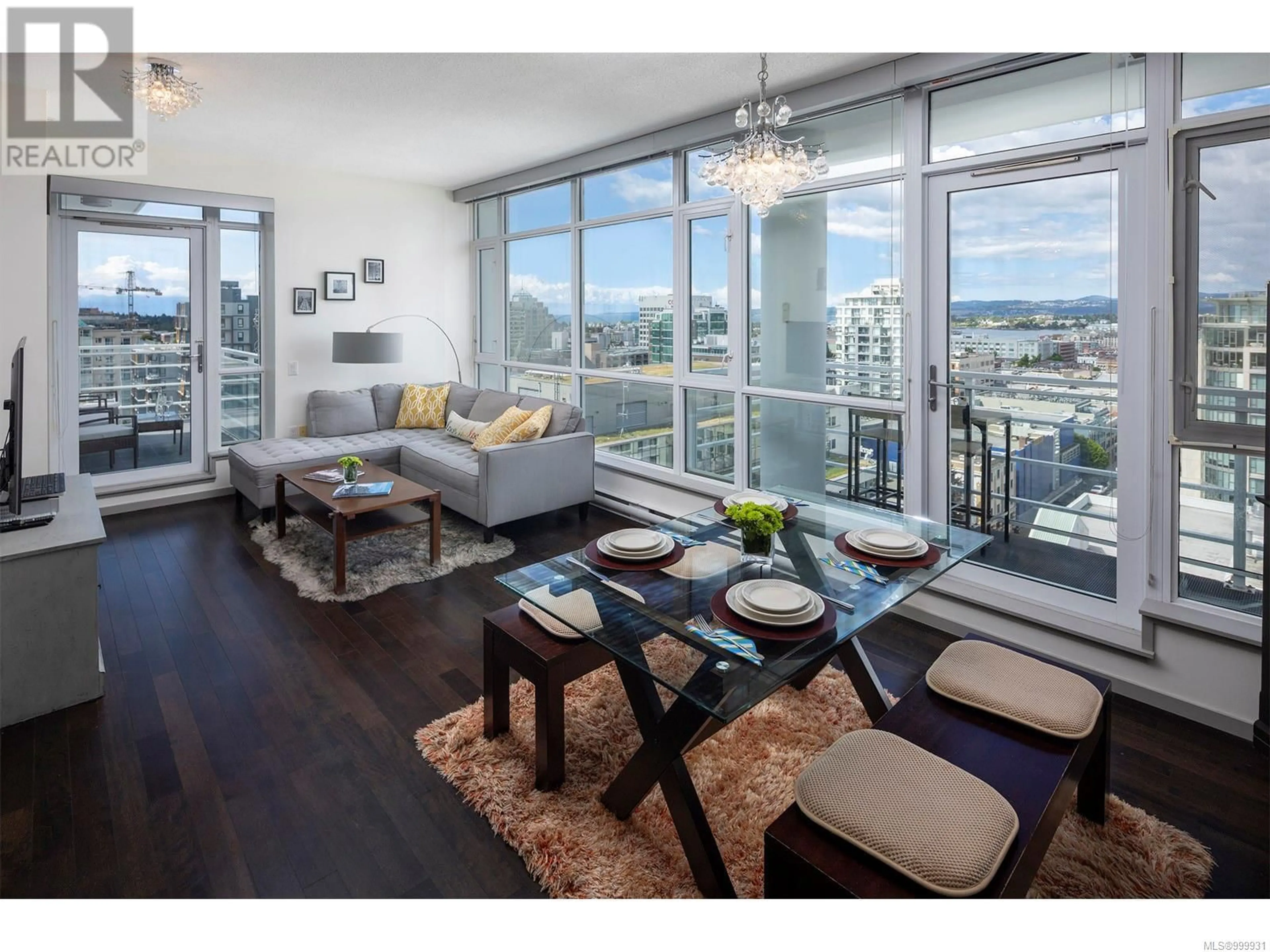 Living room with furniture, wood/laminate floor for 1502 - 834 JOHNSON STREET, Victoria British Columbia V8W1N3