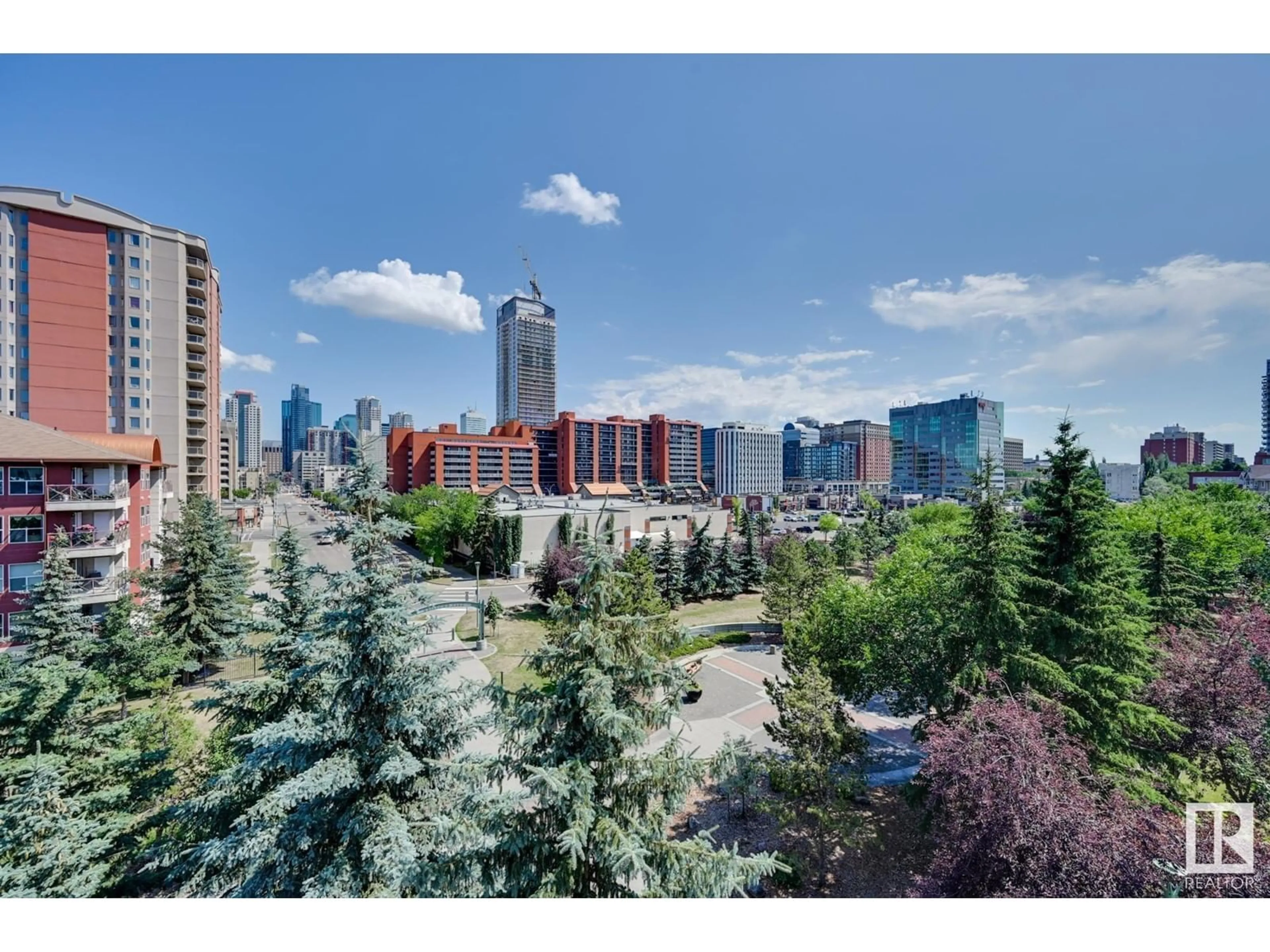 A pic from exterior of the house or condo, the view of city buildings for #504 10221 111 ST NW, Edmonton Alberta T5K2W5