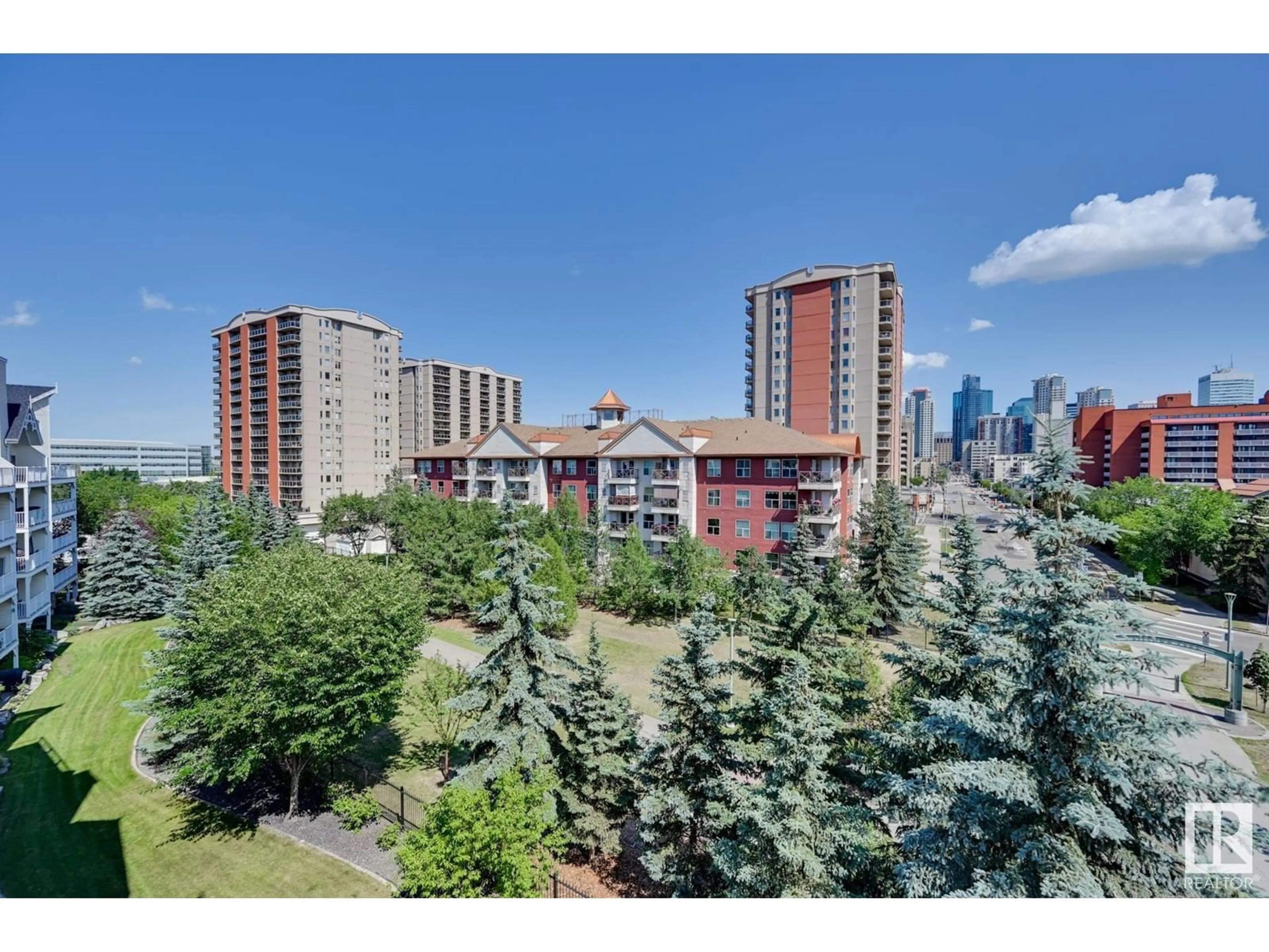 A pic from exterior of the house or condo, the view of city buildings for #504 10221 111 ST NW, Edmonton Alberta T5K2W5