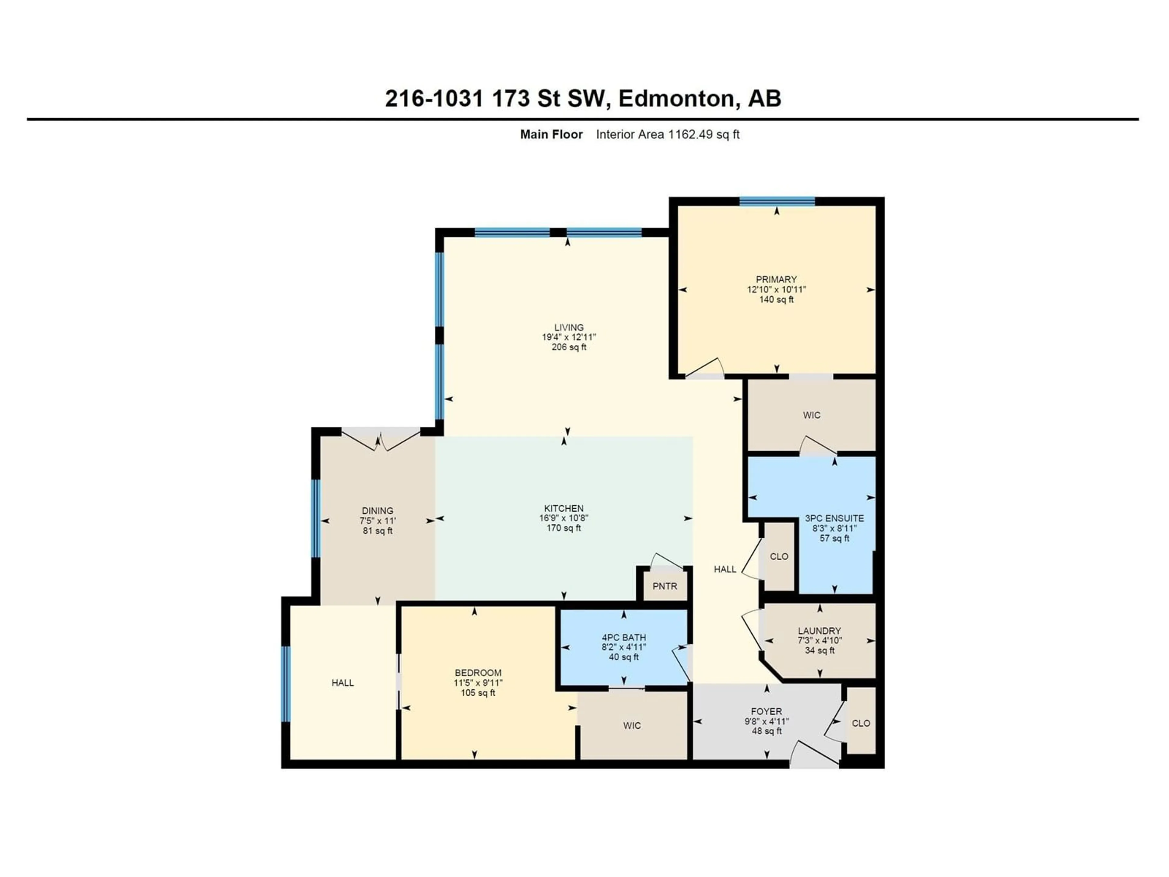 Floor plan for #216 1031 173 ST SW SW, Edmonton Alberta T6W3E4