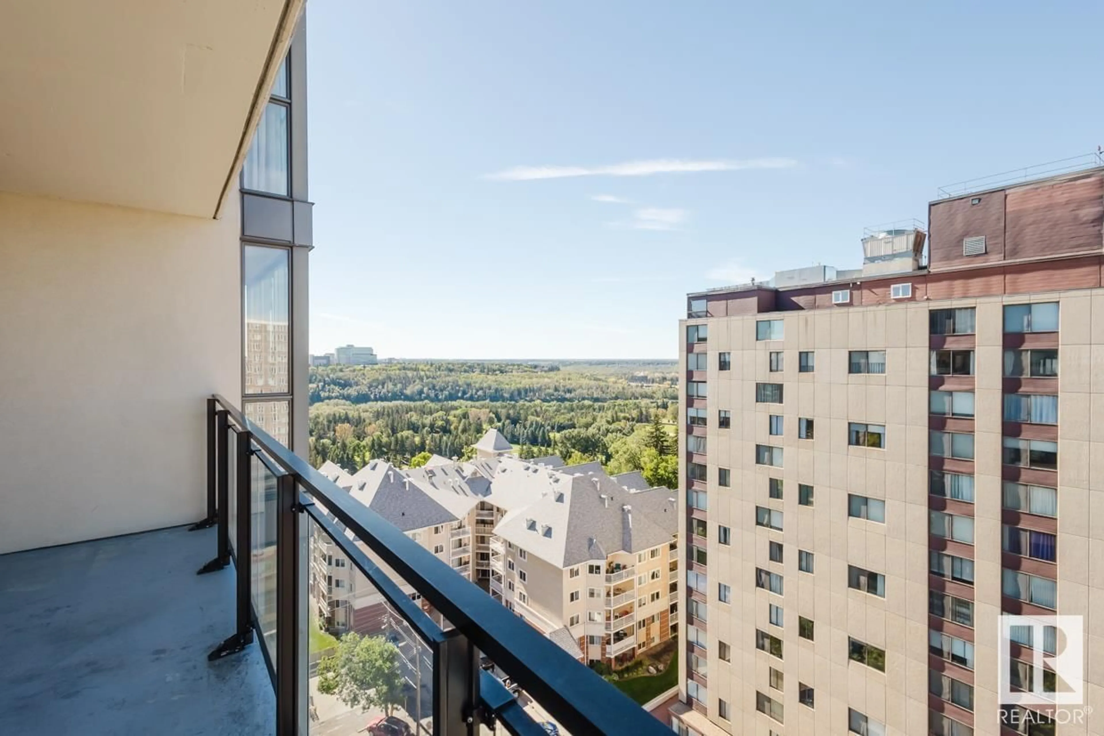 Balcony in the apartment, the view of city buildings for #1403 10046 117 ST NW, Edmonton Alberta T5K1X2