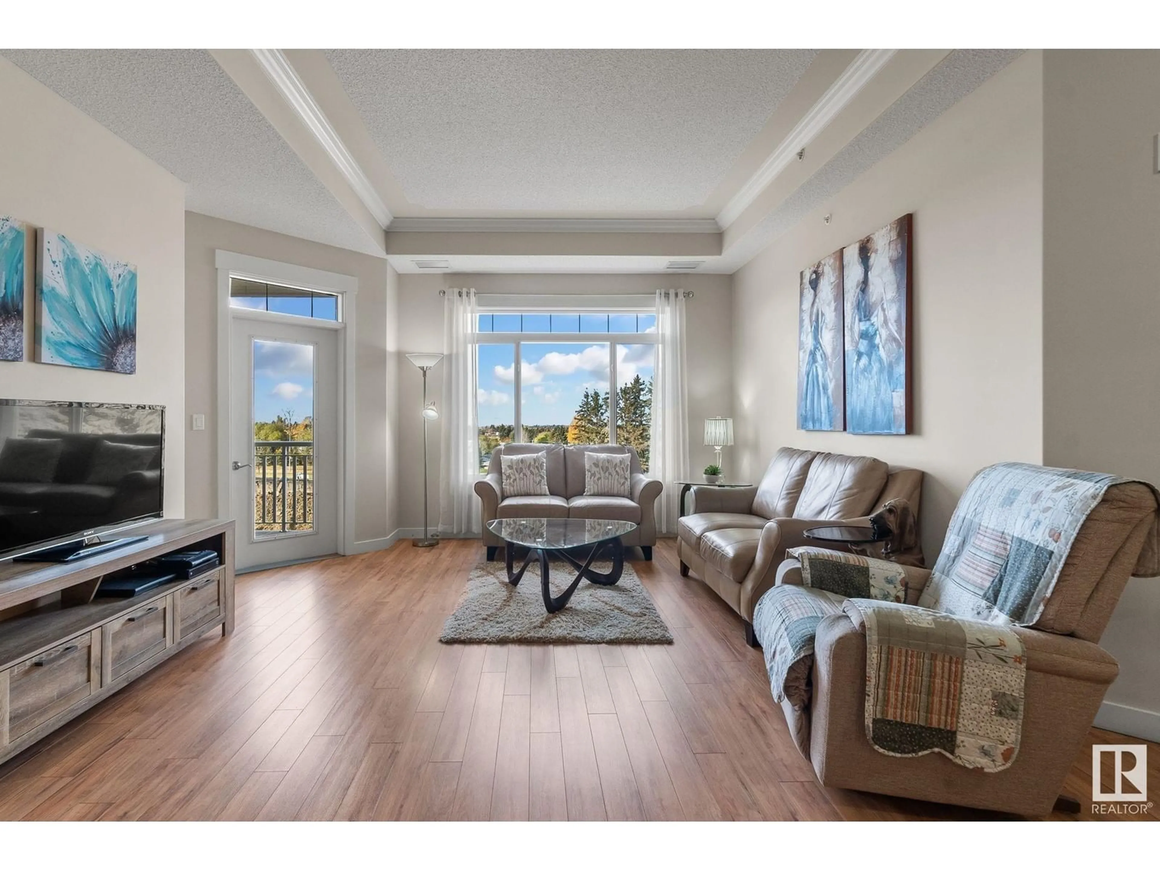 Living room, wood floors for #418 511 QUEEN ST, Spruce Grove Alberta T7X0G4