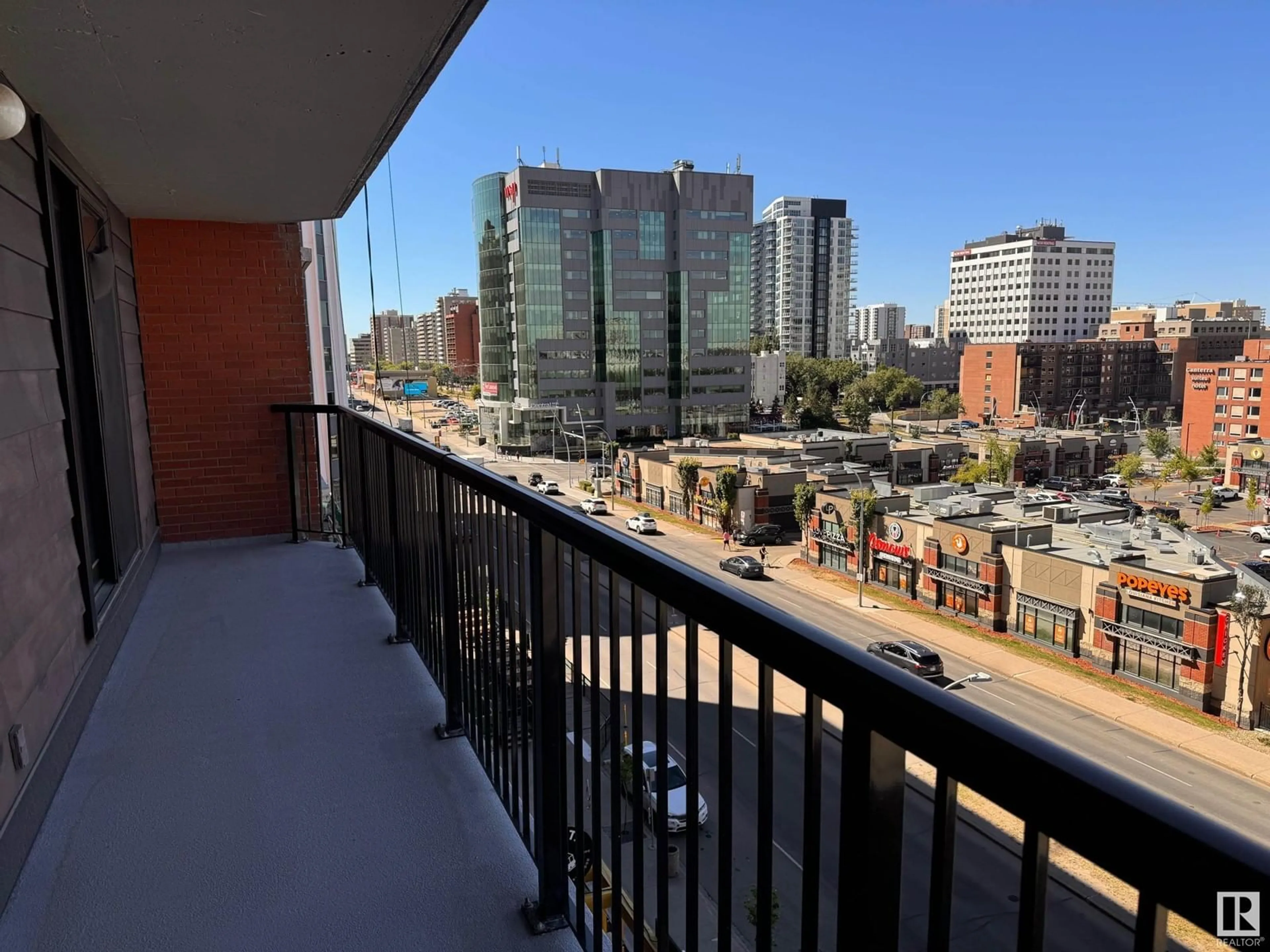 Balcony in the apartment, the view of city buildings for #608 10145 109 ST NW, Edmonton Alberta T5J3M5