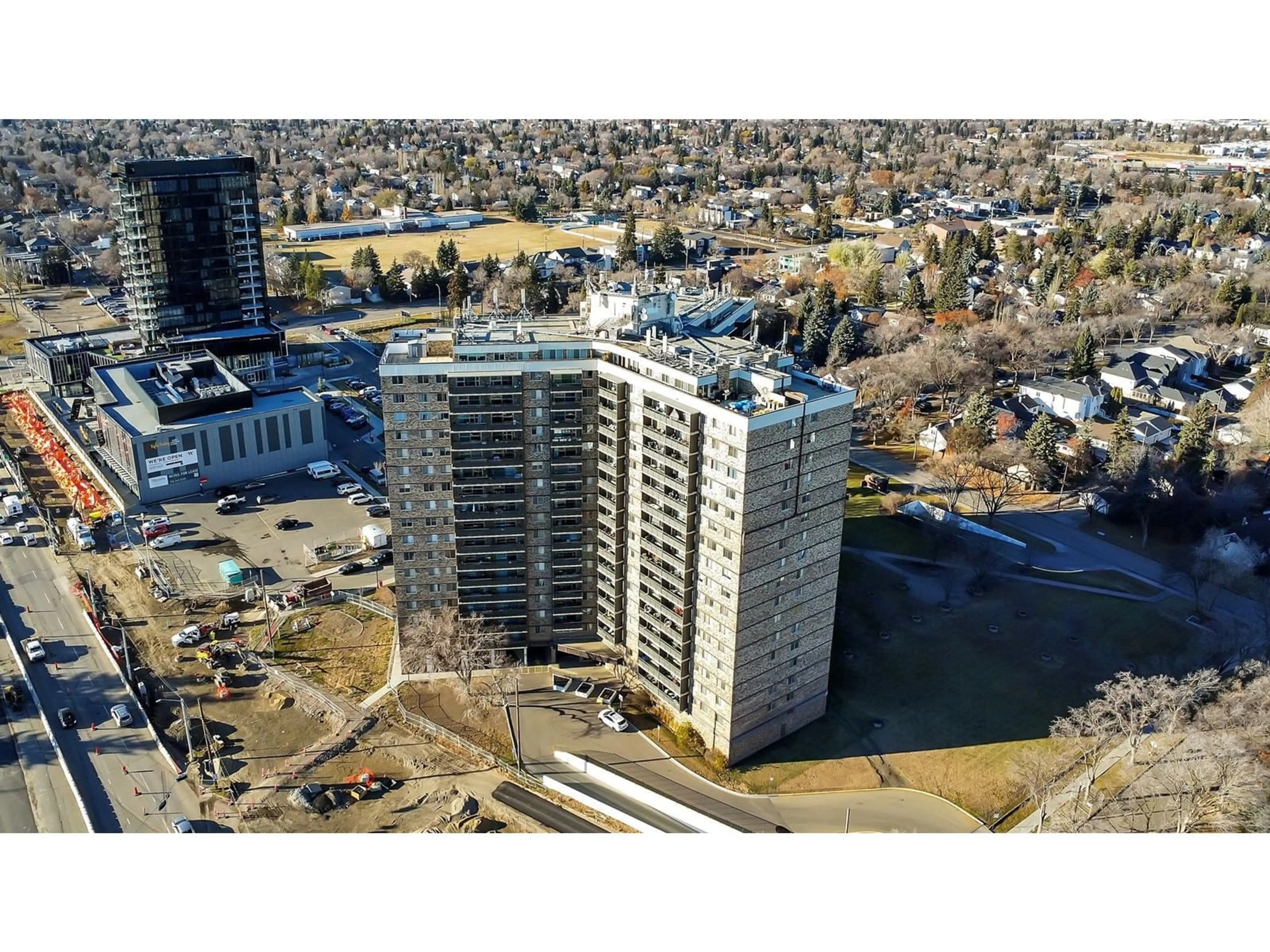 A pic from exterior of the house or condo, the view of city buildings for #410 13910 STONY PLAIN RD NW, Edmonton Alberta T5N3R2