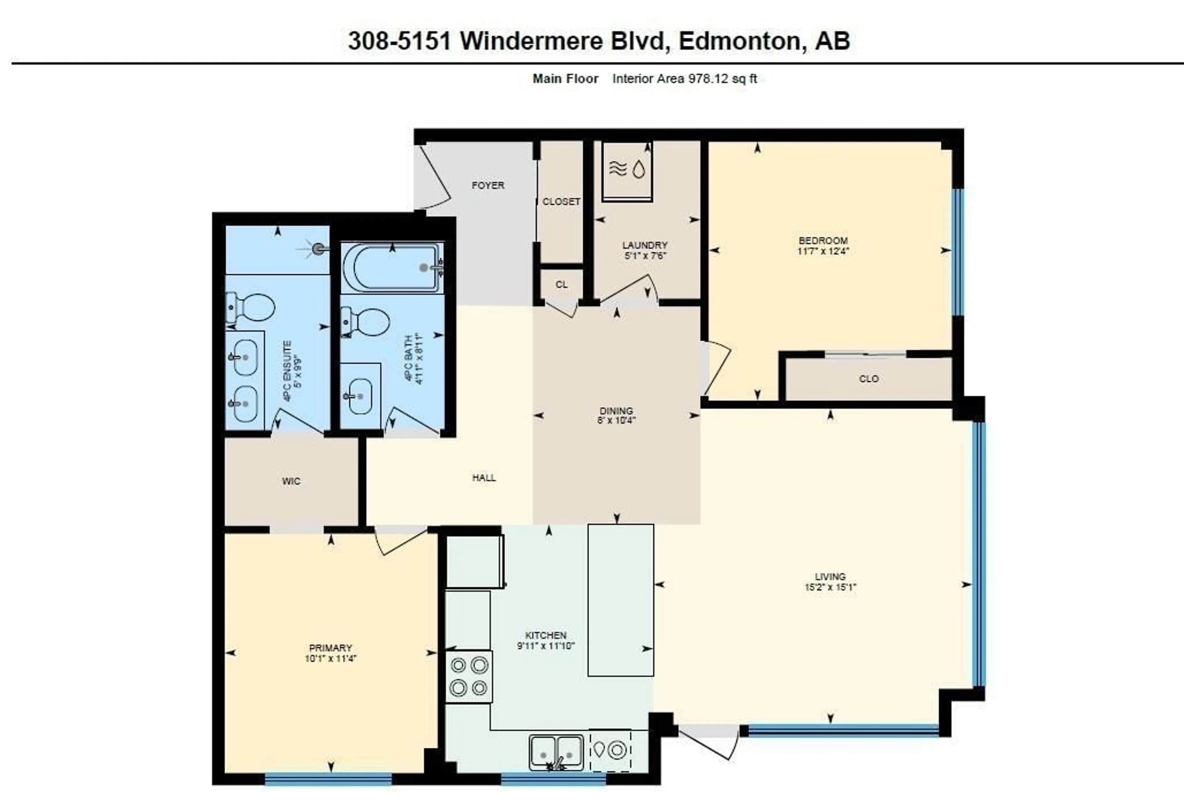 Floor plan for #308 5151 WINDERMERE BV SW SW, Edmonton Alberta T6W2K4