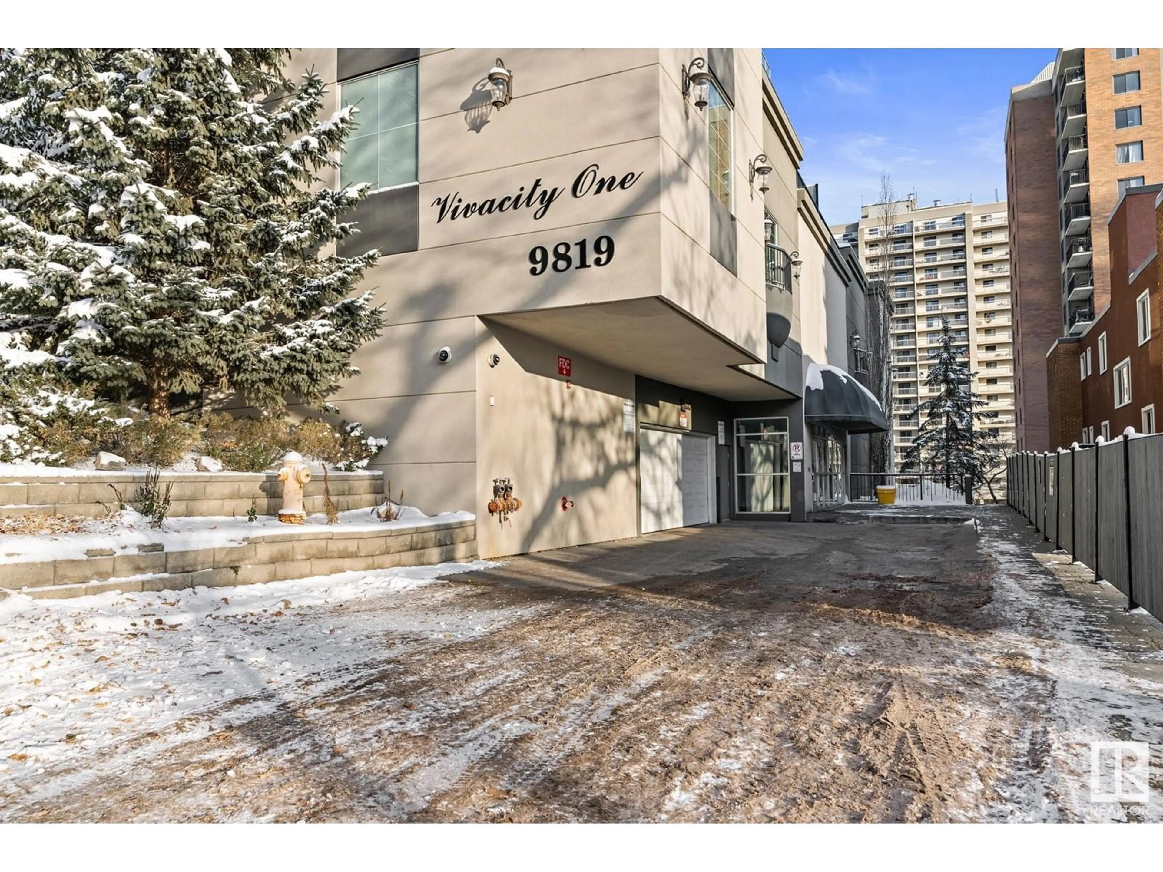 A pic from exterior of the house or condo, the street view for #1104 9819 104 Street NW, Edmonton Alberta T5K0Y8