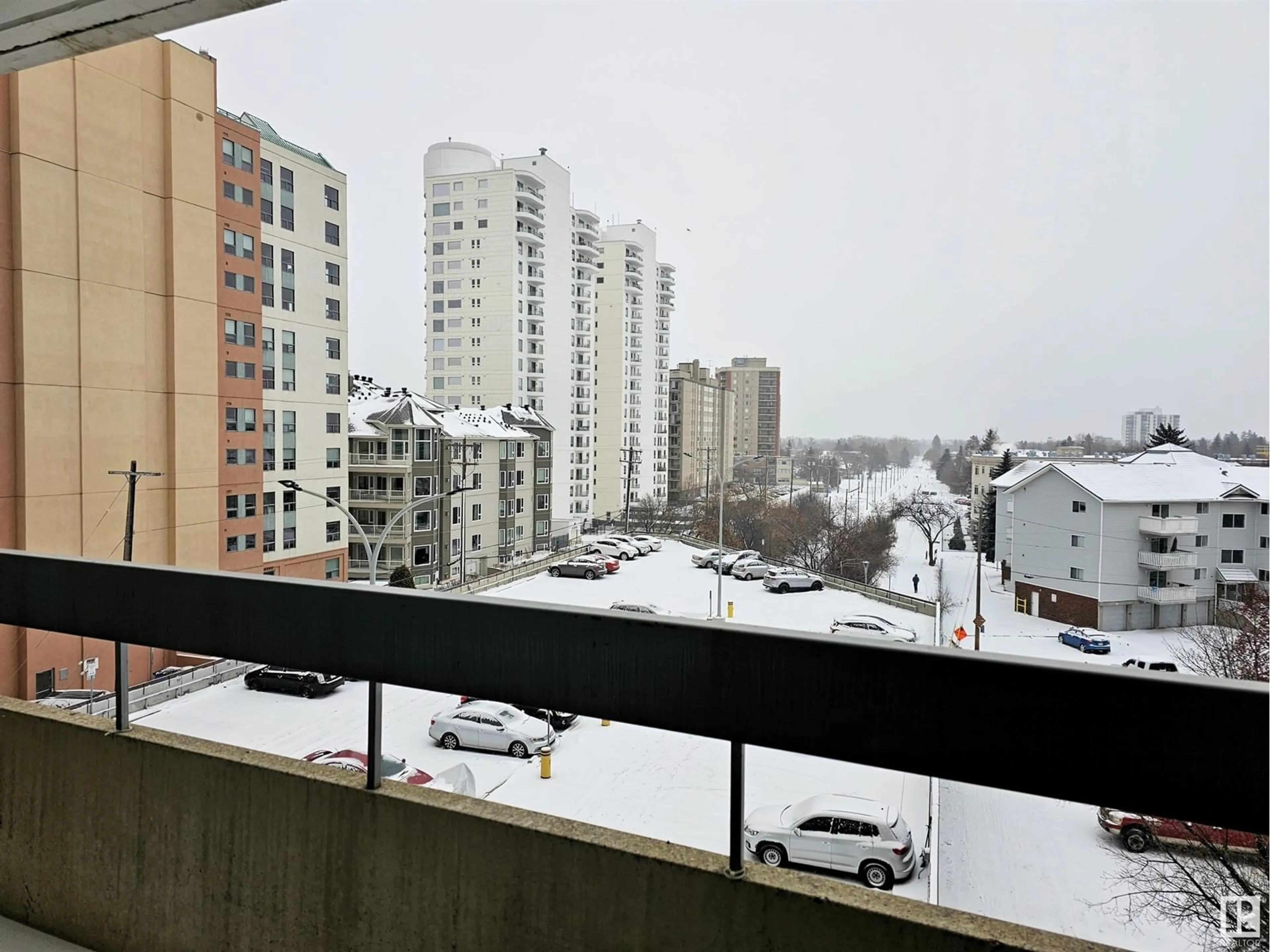 Balcony in the apartment, the view of city buildings for #401 10883 SASKATCHEWAN DR NW, Edmonton Alberta T5J2R4