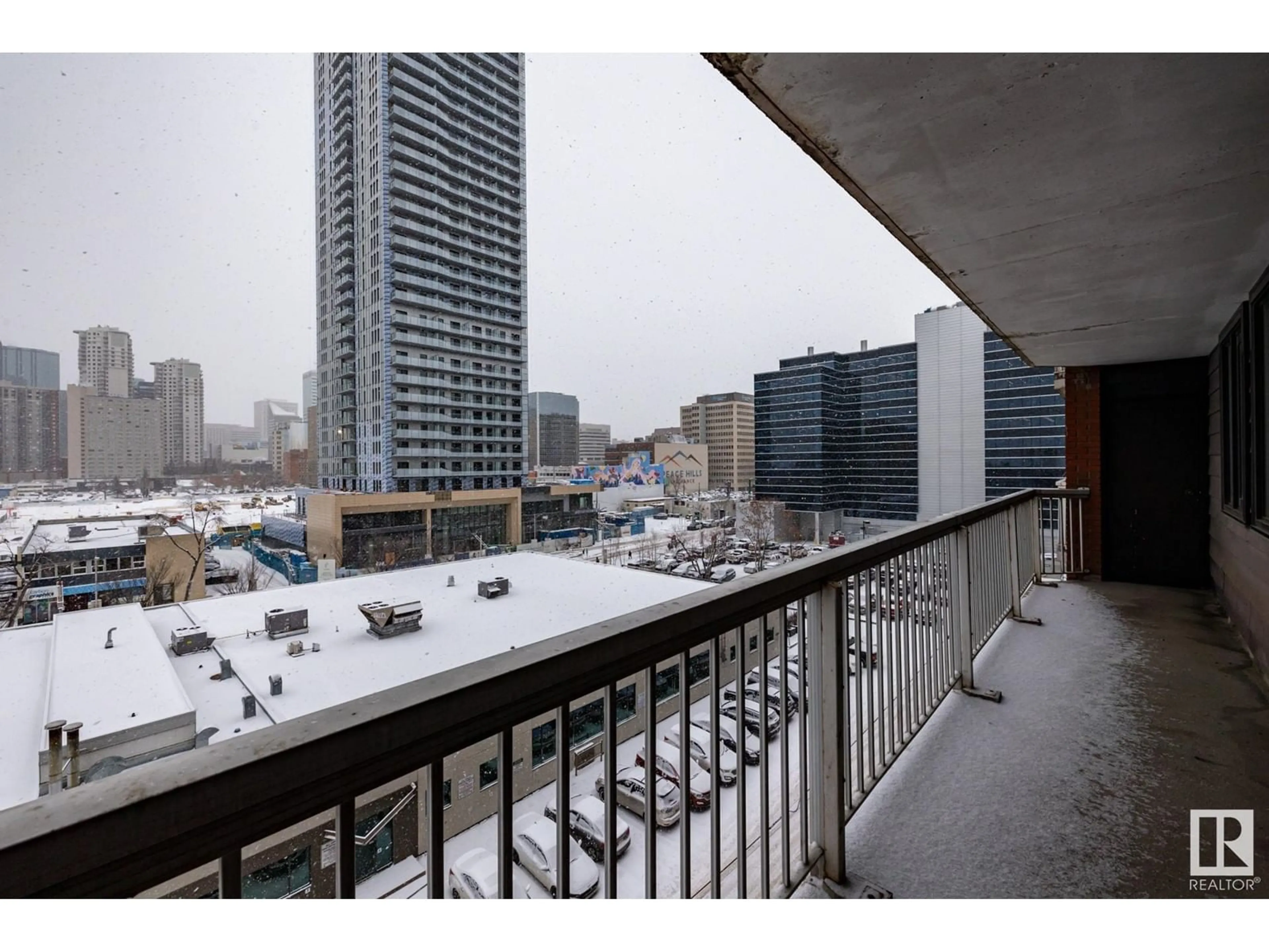 Balcony in the apartment, city buildings view from balcony for #603 10145 109 ST NW, Edmonton Alberta T5J3M5