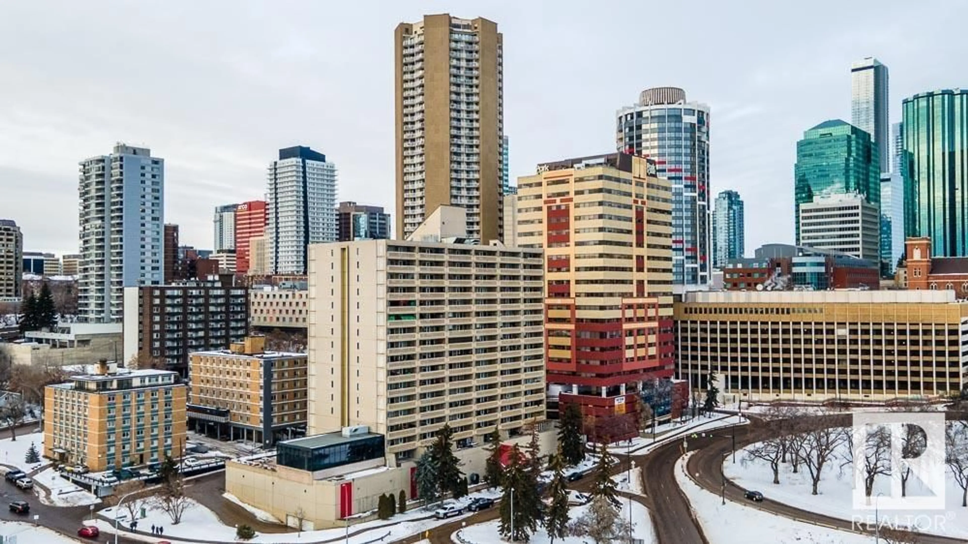 A pic from outside/outdoor area/front of a property/back of a property/a pic from drone, city buildings view from balcony for #1712 9918 101 ST NW, Edmonton Alberta T5K2L1