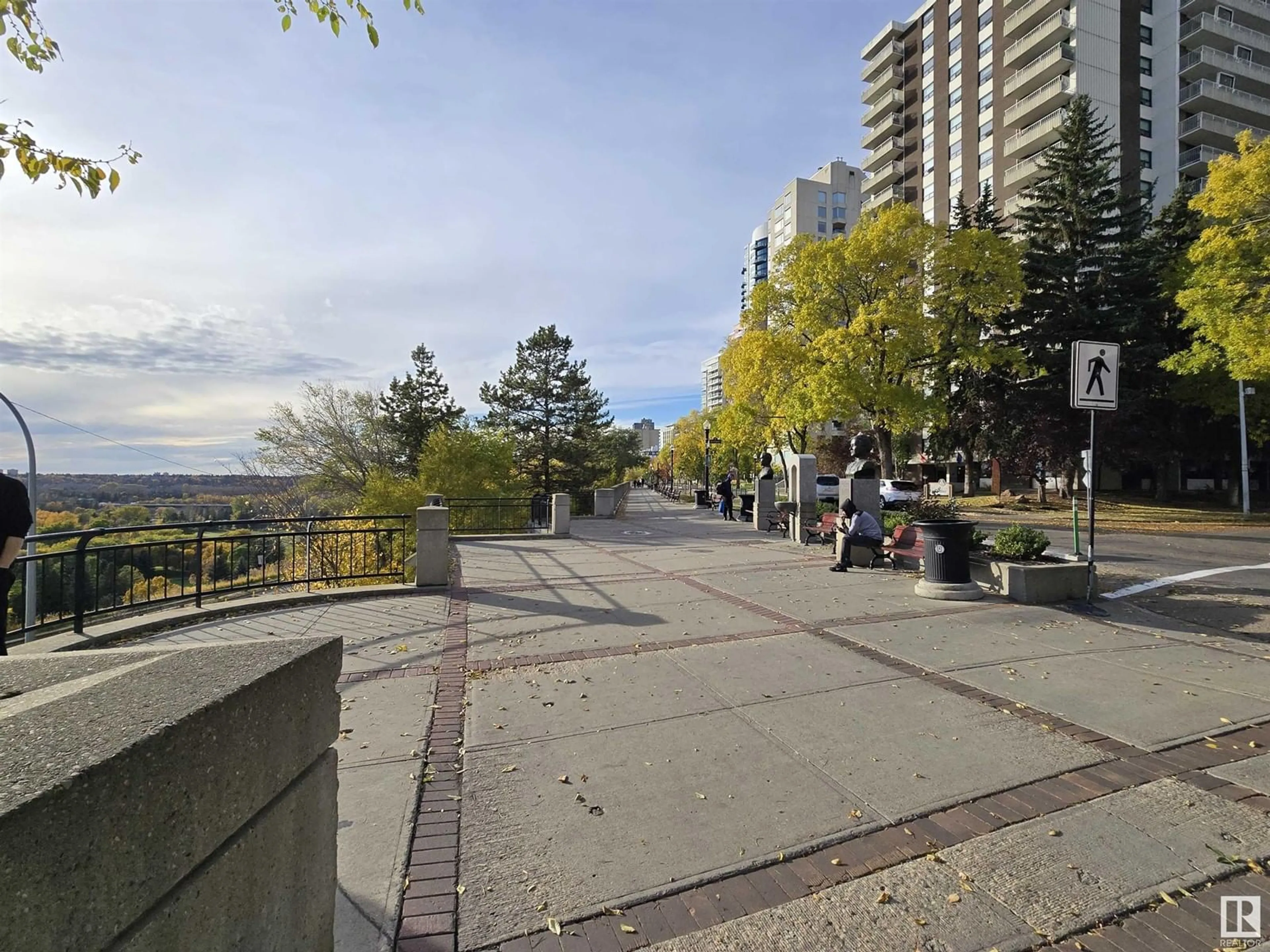 Patio, city buildings view from balcony for #704 11710 100 AV NW, Edmonton Alberta T5K2G3