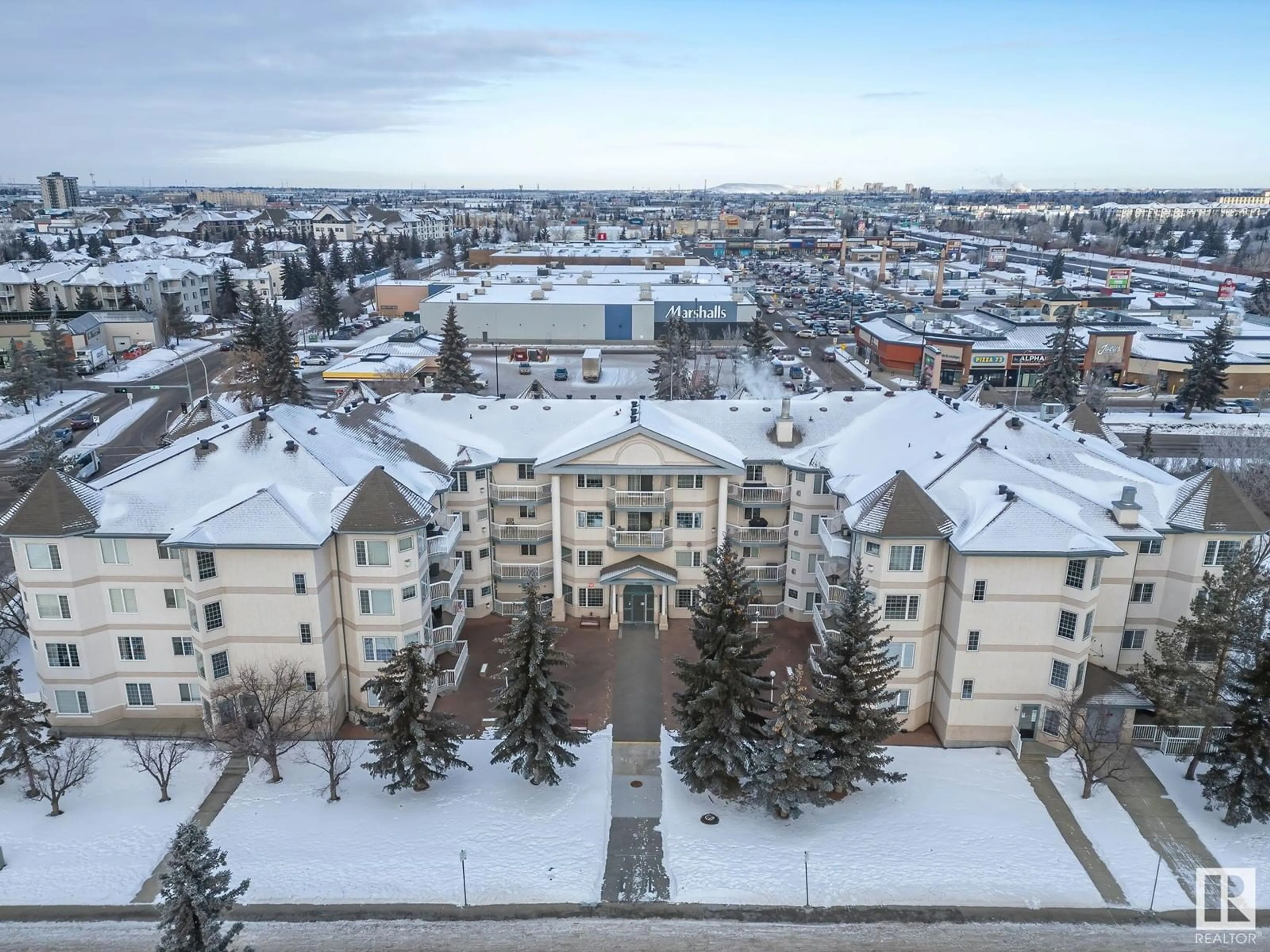 A pic from outside/outdoor area/front of a property/back of a property/a pic from drone, city buildings view from balcony for #215 17150 94A AV NW, Edmonton Alberta T5T6L7