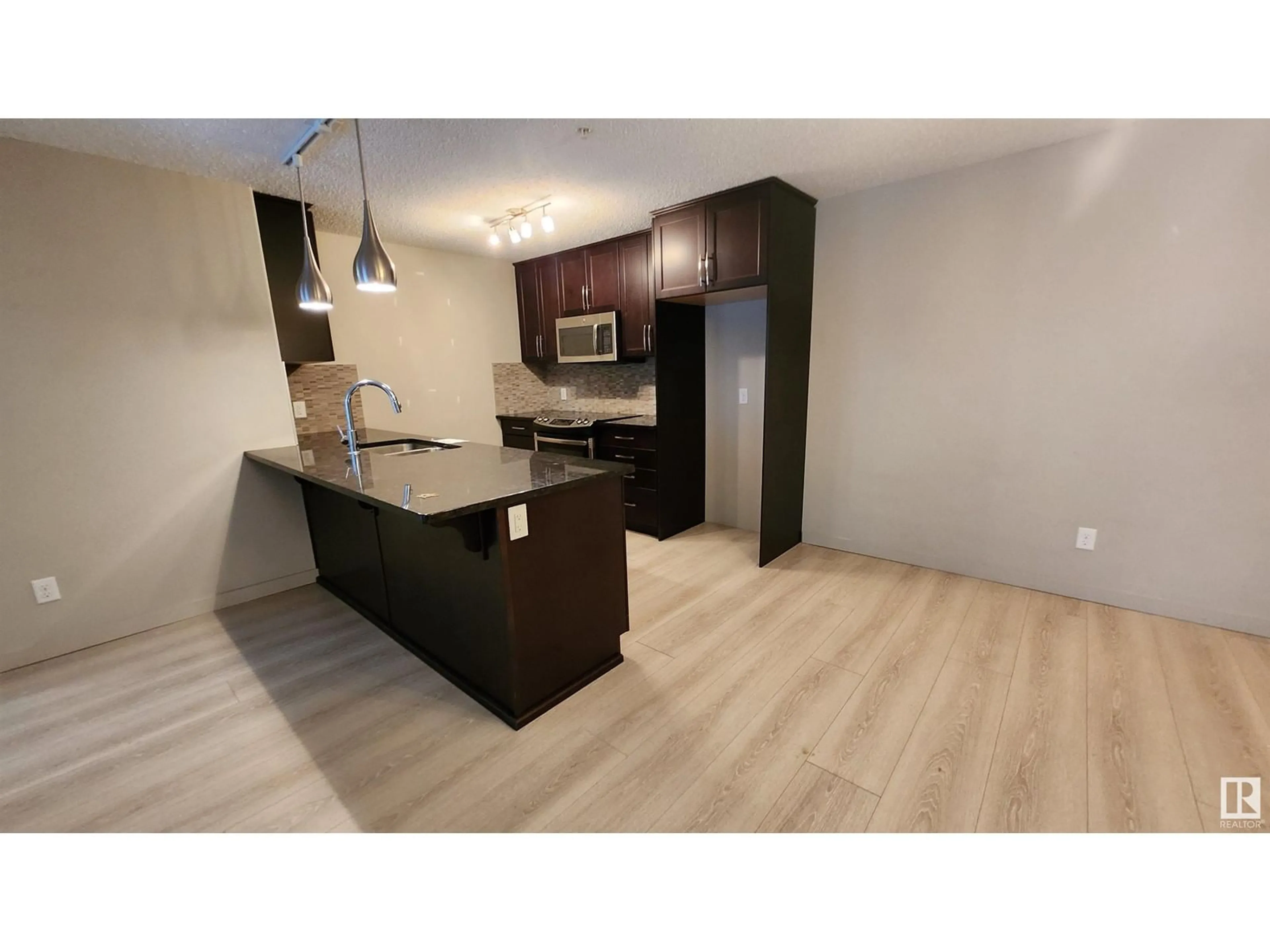 Open concept kitchen, wood/laminate floor for #207 5510 SCHONSEE DR NW, Edmonton Alberta T5Z0N9