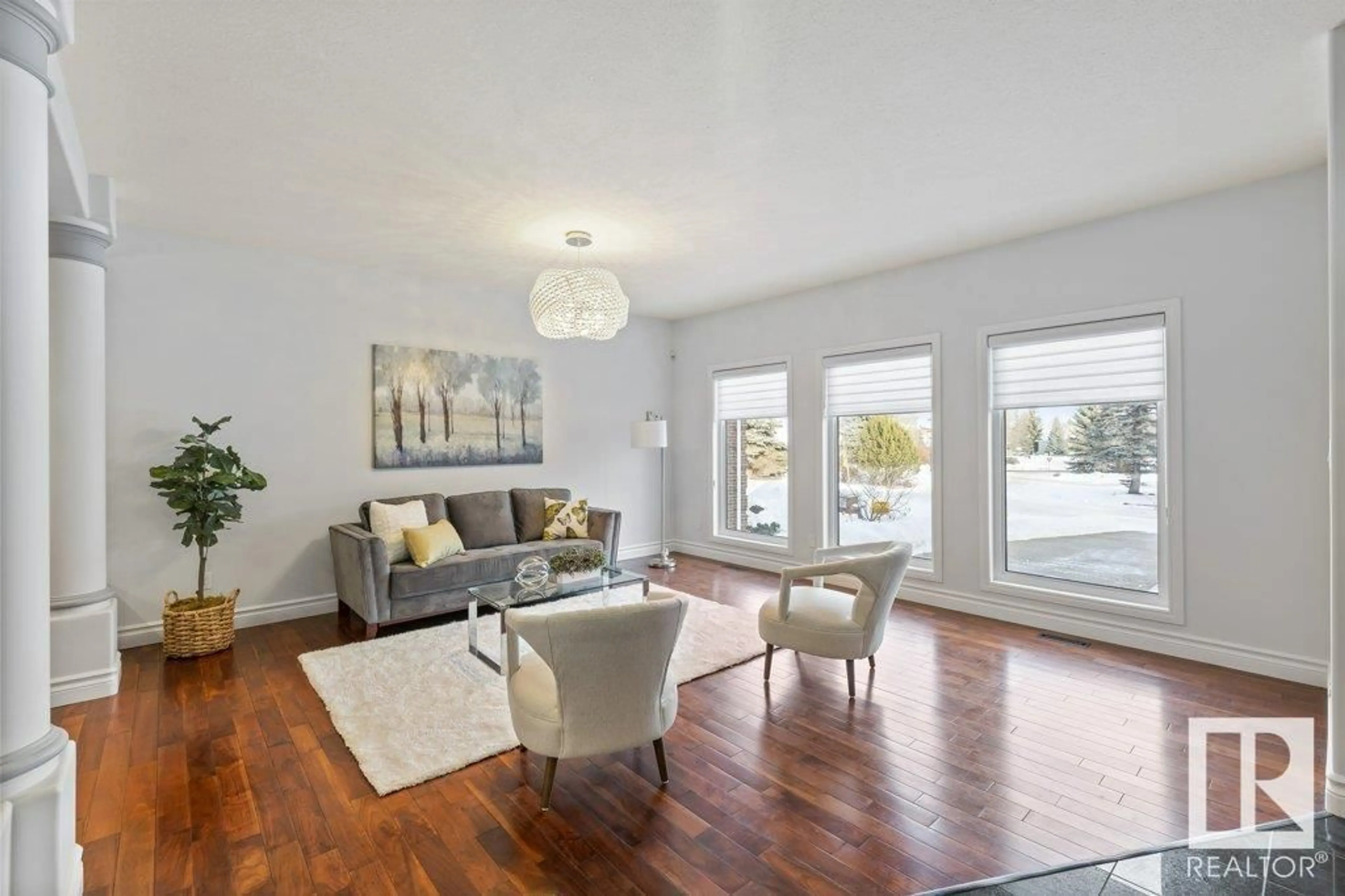 Living room with furniture, wood/laminate floor for 5 PALLADIUM PT, St. Albert Alberta T8N6A2