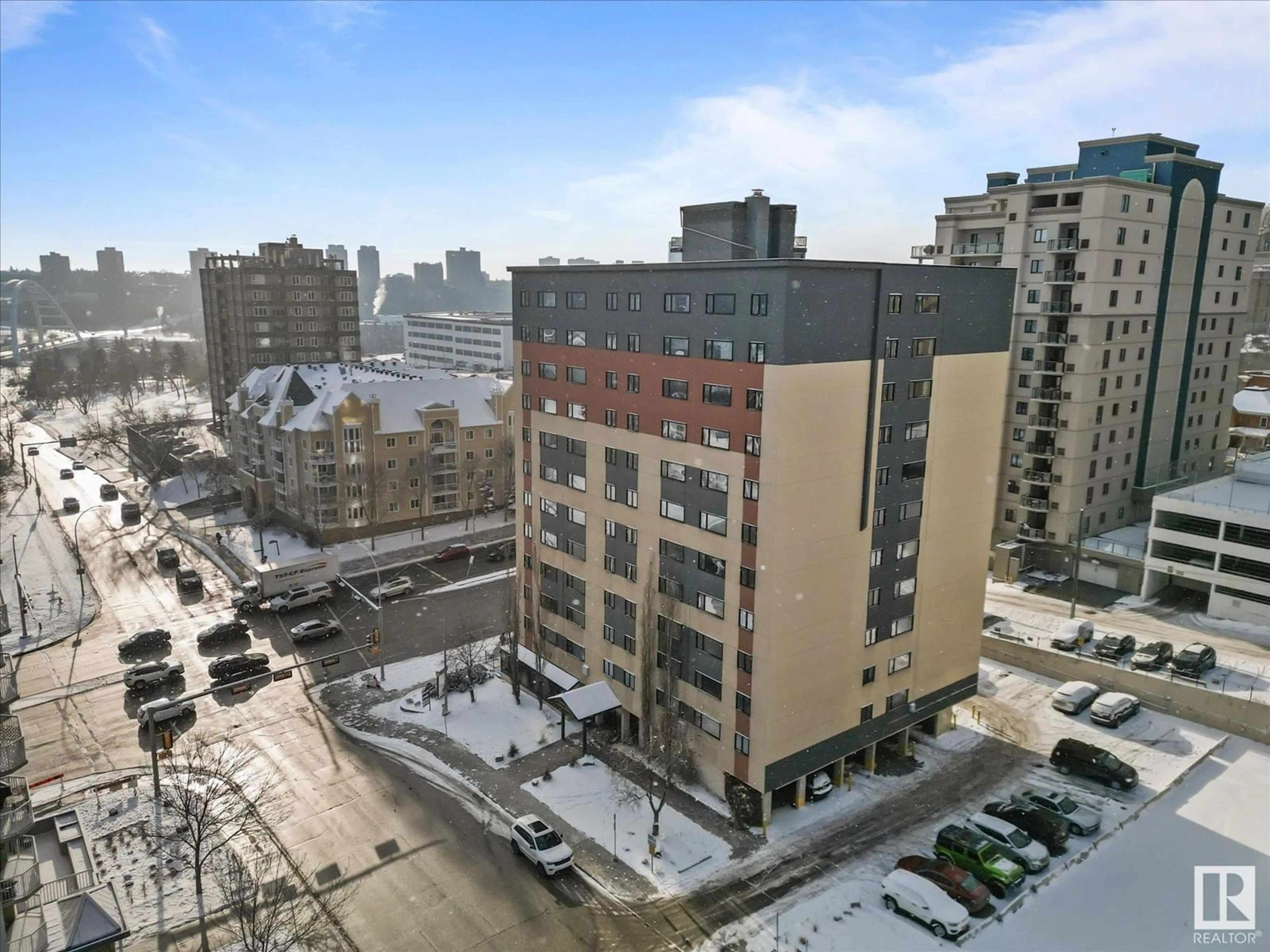 A pic from outside/outdoor area/front of a property/back of a property/a pic from drone, city buildings view from balcony for #308 9710 105 ST NW, Edmonton Alberta T5K1A4