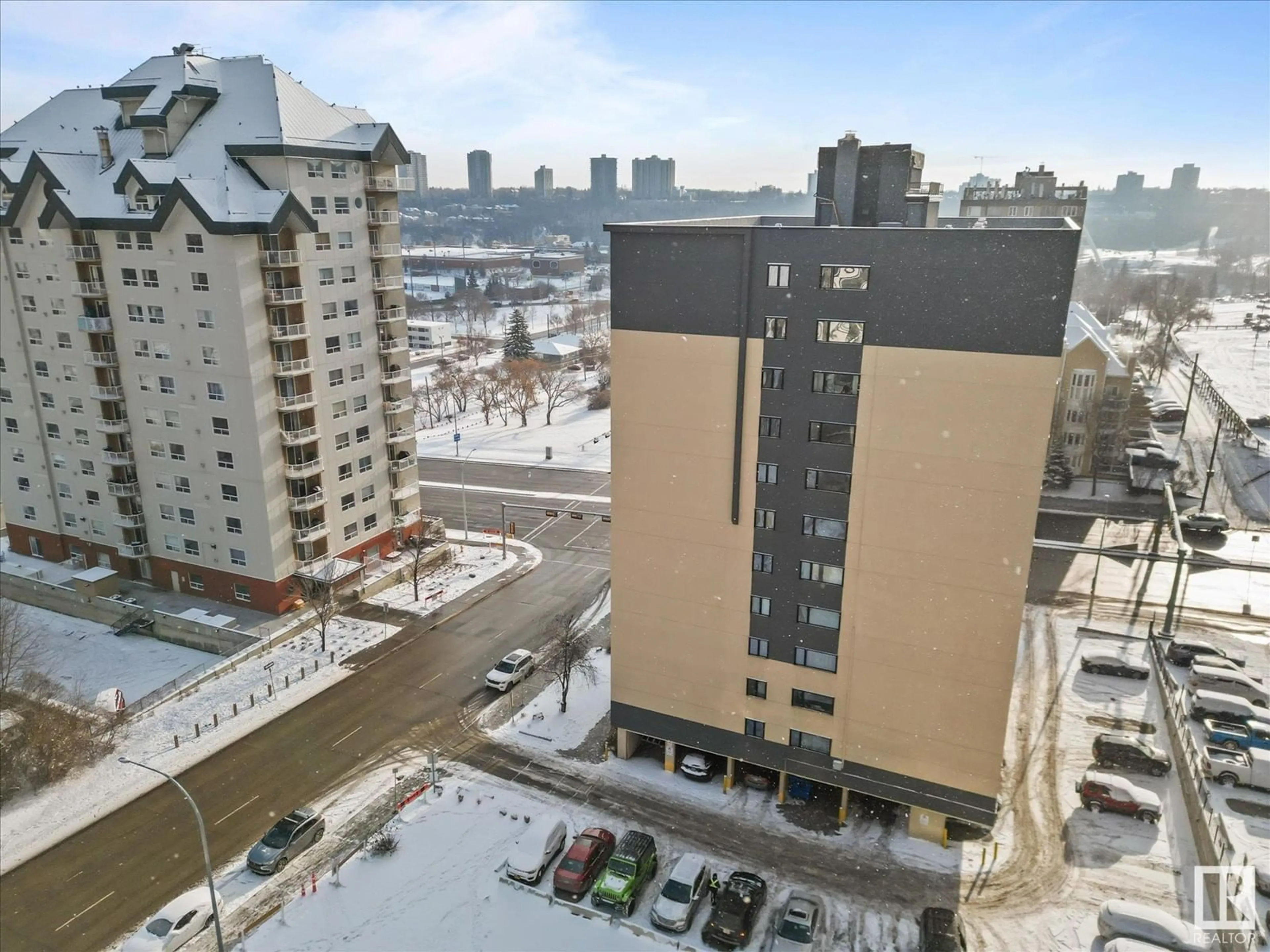 A pic from outside/outdoor area/front of a property/back of a property/a pic from drone, city buildings view from balcony for #308 9710 105 ST NW, Edmonton Alberta T5K1A4