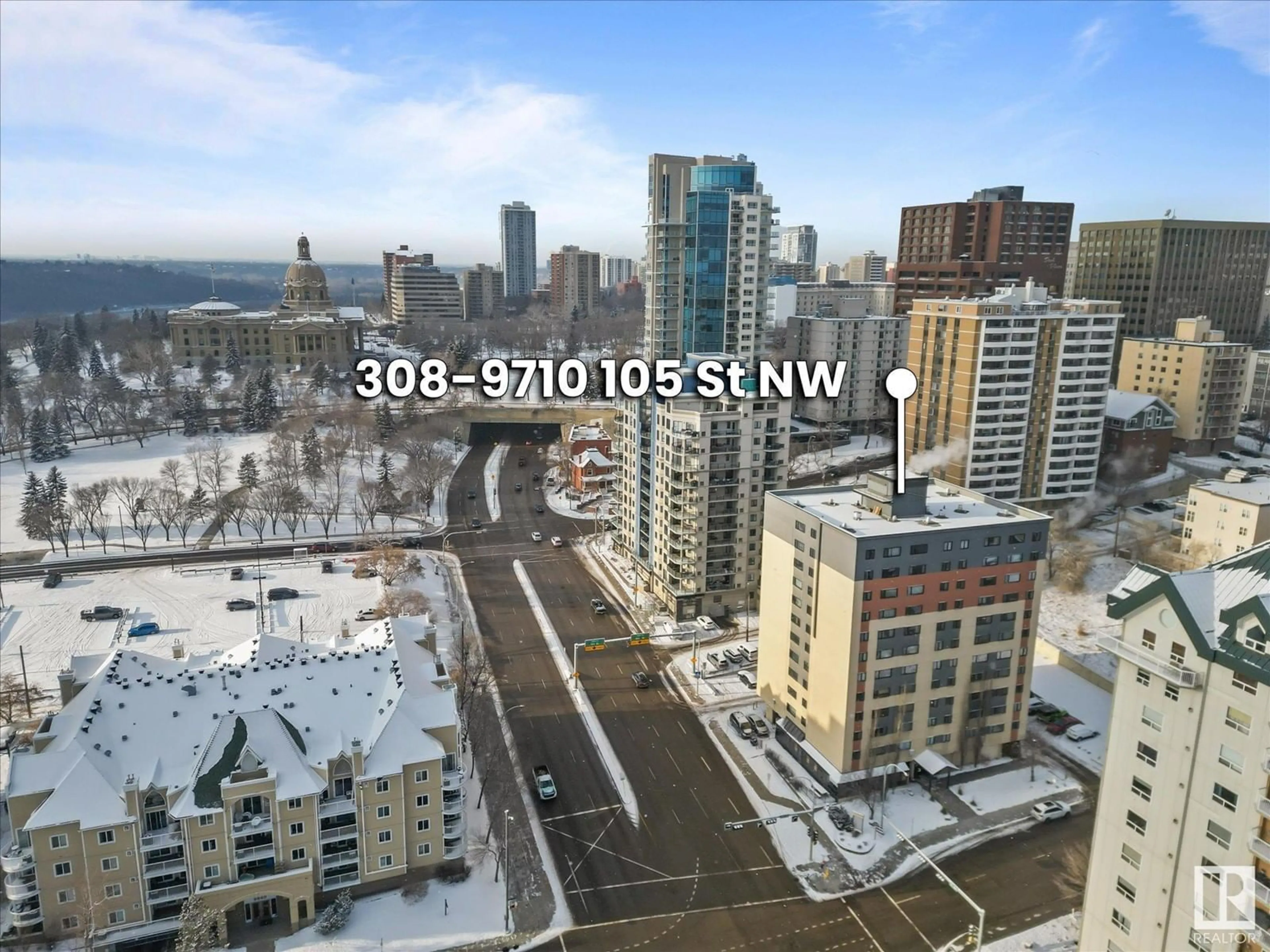 A pic from outside/outdoor area/front of a property/back of a property/a pic from drone, city buildings view from balcony for #308 9710 105 ST NW, Edmonton Alberta T5K1A4