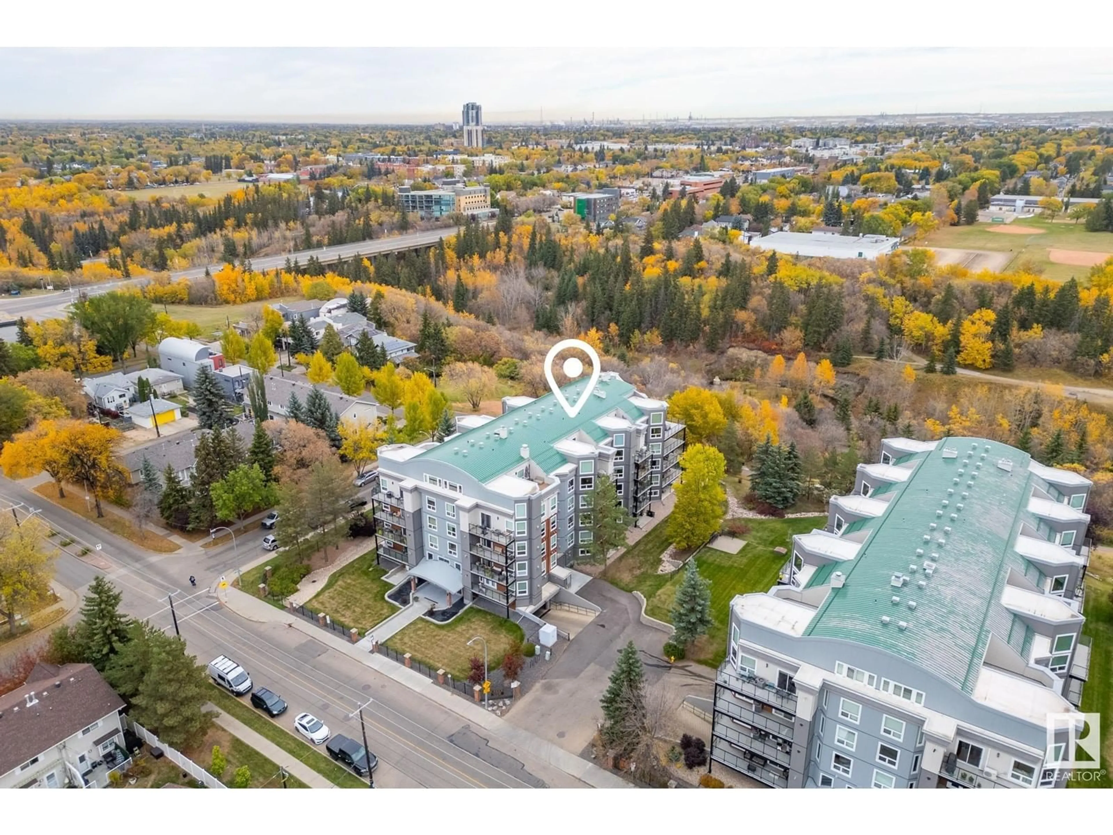 A pic from outside/outdoor area/front of a property/back of a property/a pic from drone, city buildings view from balcony for #506 7951 96 ST NW, Edmonton Alberta T6C4R1