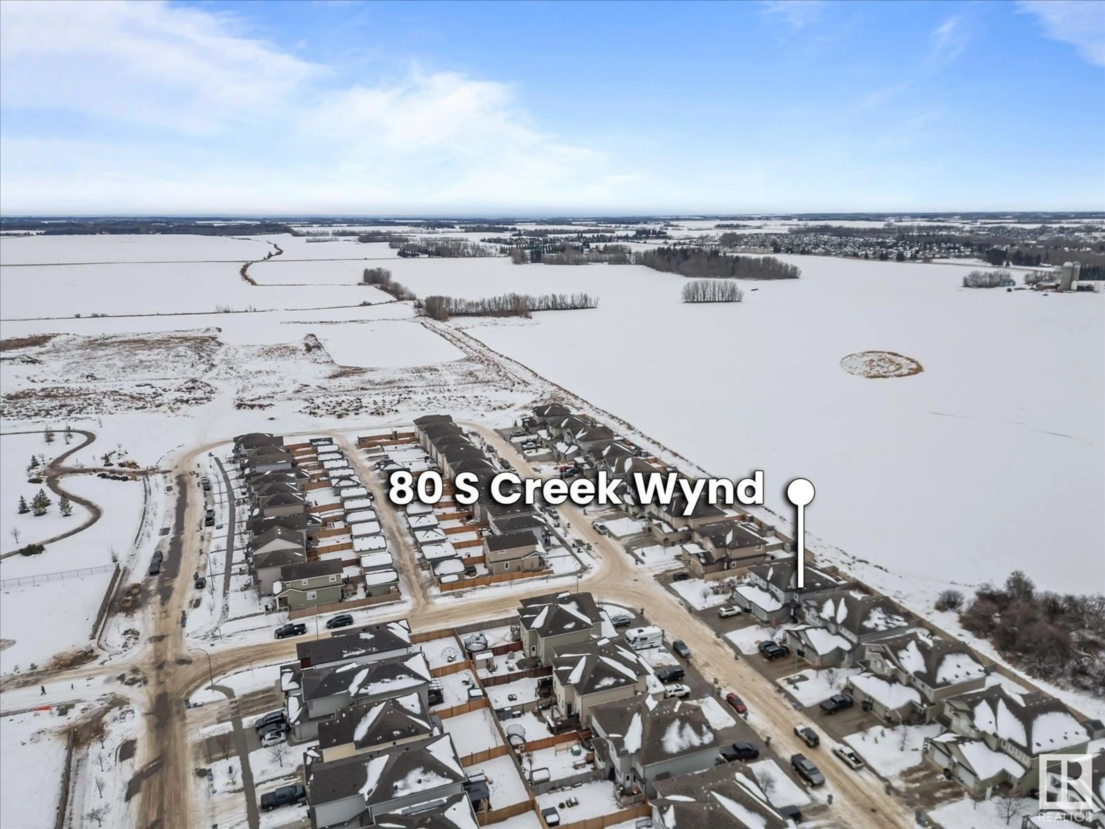 A pic from outside/outdoor area/front of a property/back of a property/a pic from drone, water/lake/river/ocean view for 80 SOUTH CREEK WD, Stony Plain Alberta T7Z0J8