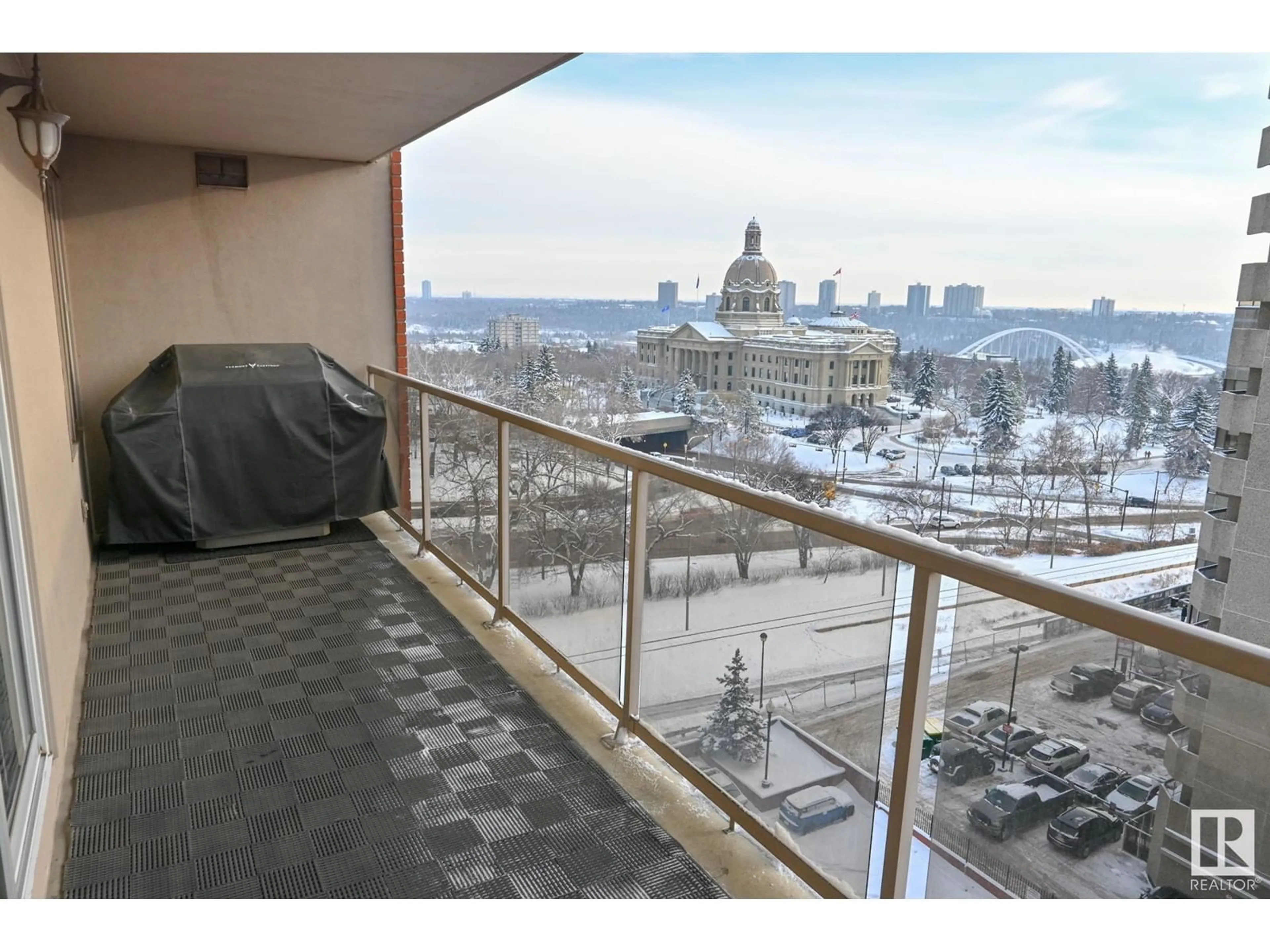 Balcony in the apartment, city buildings view from balcony for #903 9741 110 ST NW, Edmonton Alberta T5K2V8