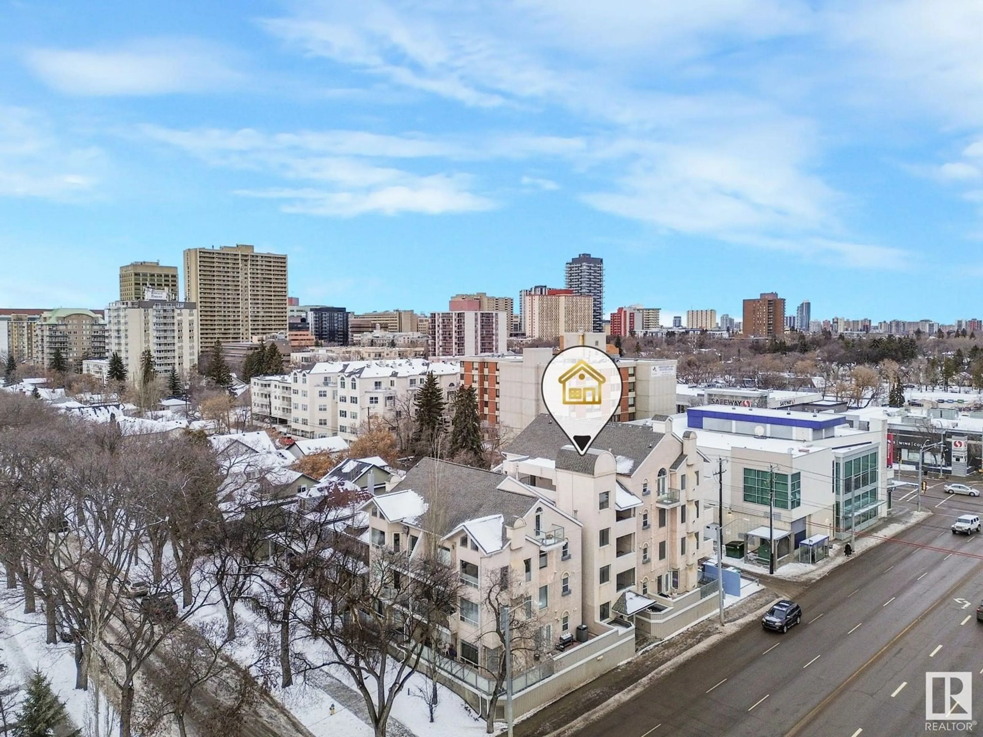 A pic from outside/outdoor area/front of a property/back of a property/a pic from drone, city buildings view from balcony for #303 8108 109 ST NW, Edmonton Alberta T6G2V7