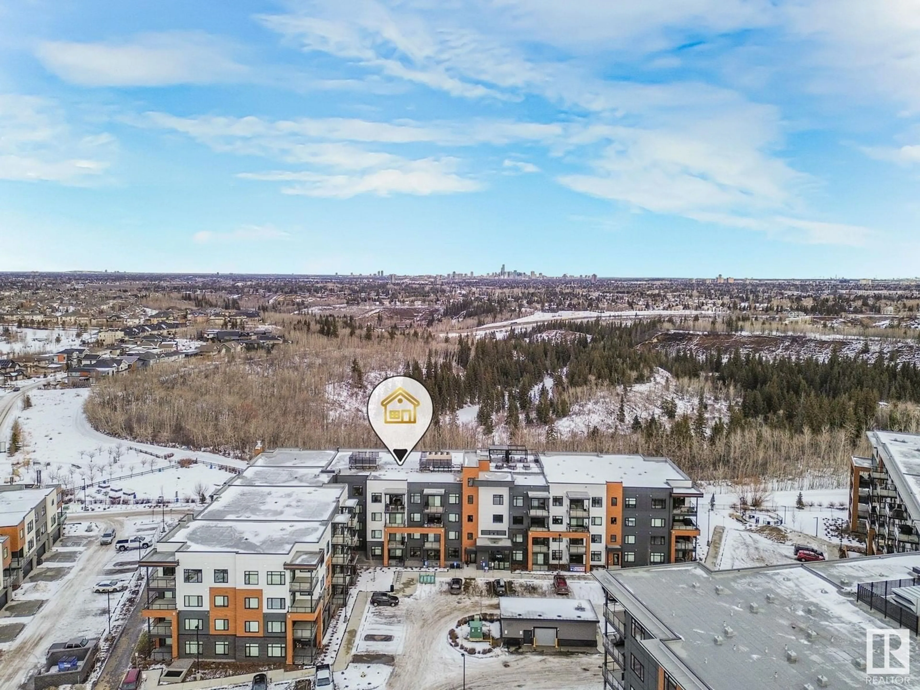 A pic from outside/outdoor area/front of a property/back of a property/a pic from drone, mountain view for #403 7471 MAY CM NW, Edmonton Alberta T6R0X5