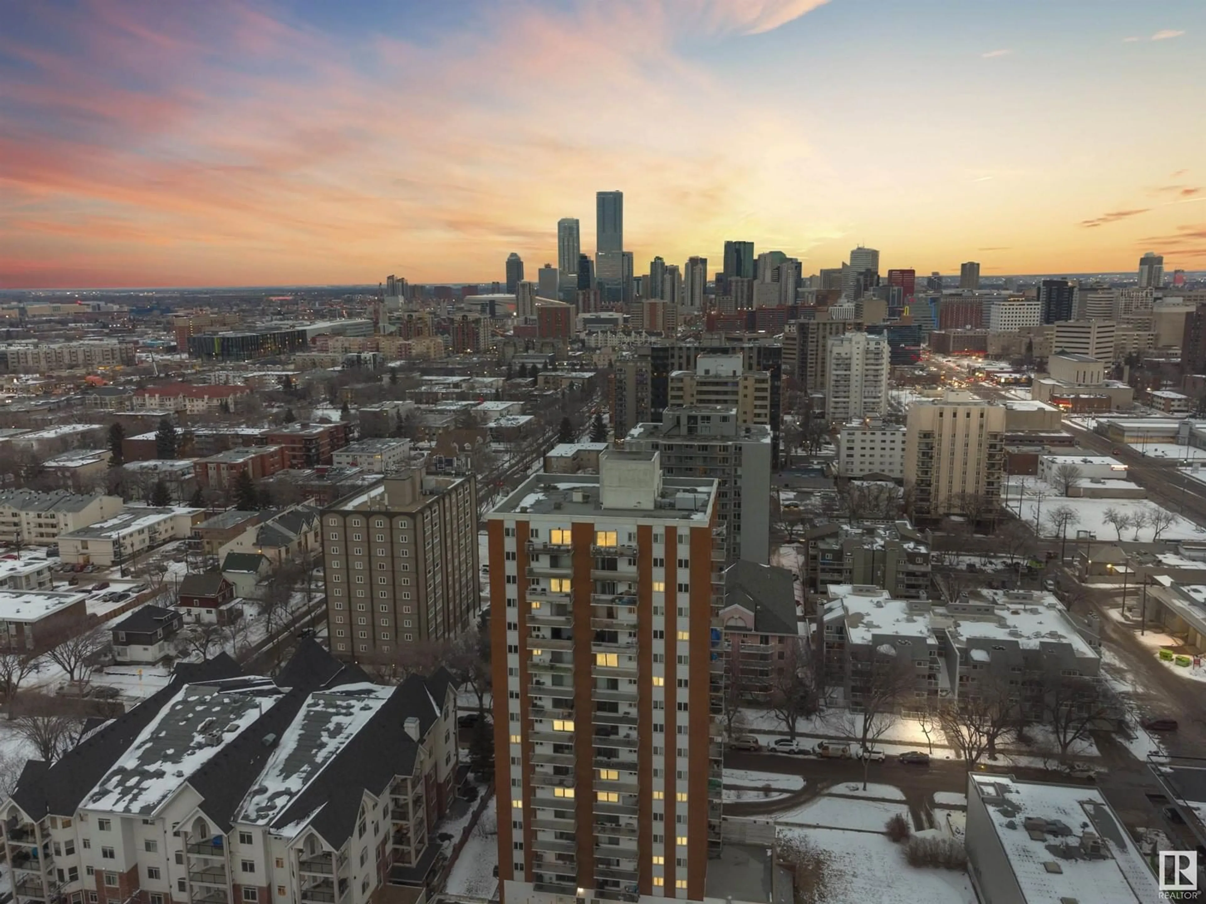 A pic from outside/outdoor area/front of a property/back of a property/a pic from drone, city buildings view from balcony for #401 10150 117 ST NW, Edmonton Alberta T5K2J2