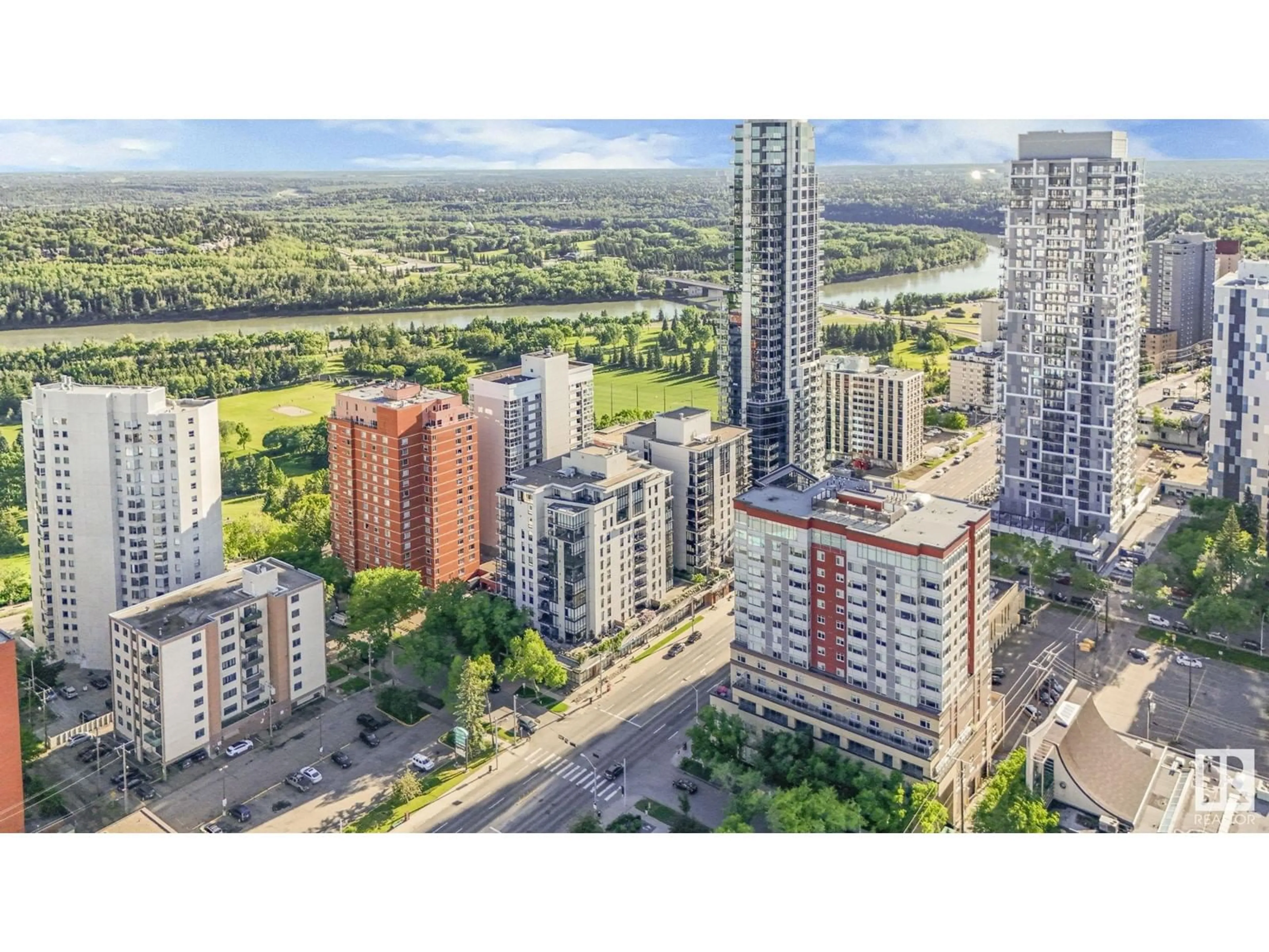 A pic from outside/outdoor area/front of a property/back of a property/a pic from drone, city buildings view from balcony for #301 10028 119 ST NW, Edmonton Alberta T5K1Y8