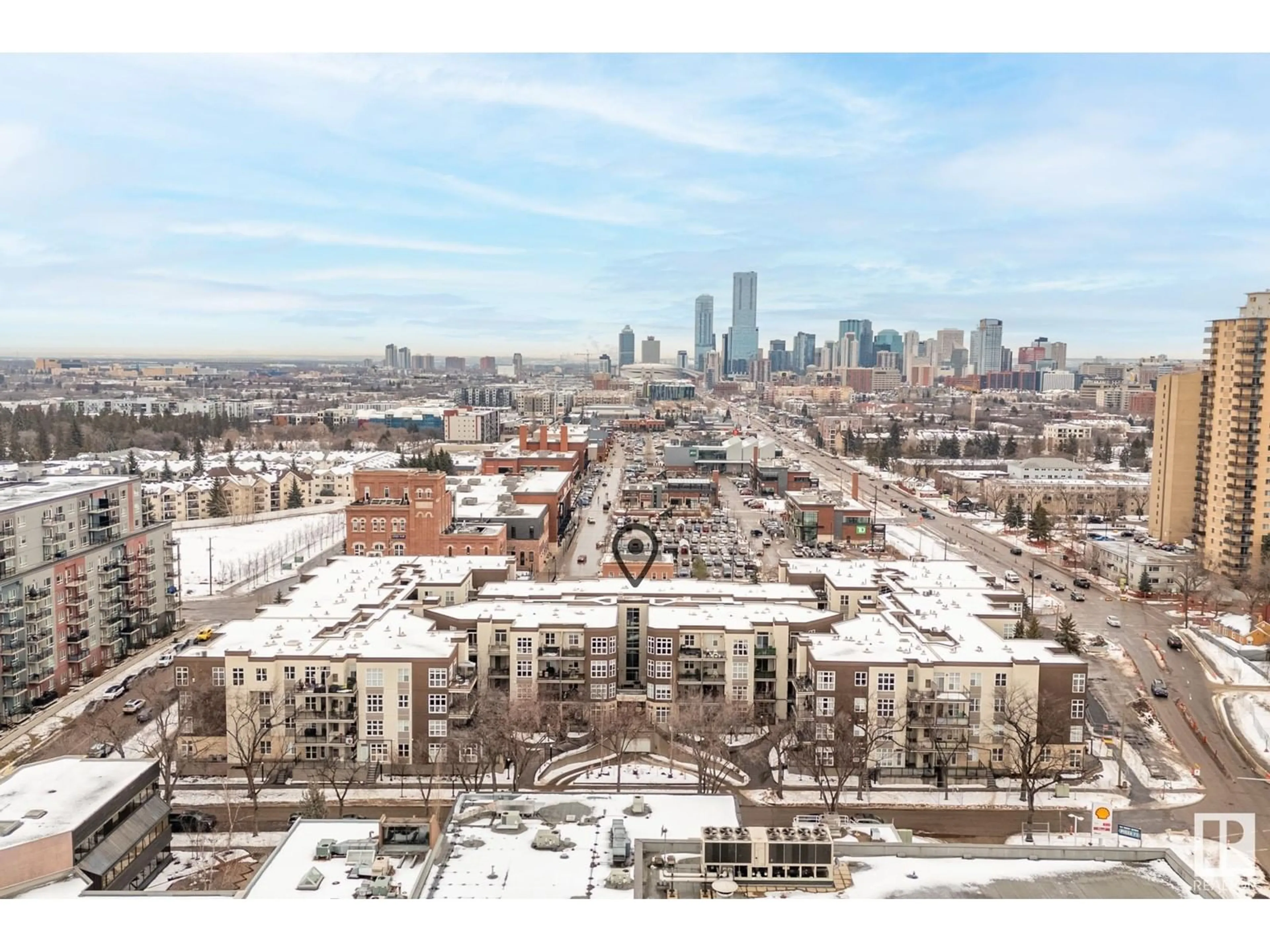 A pic from outside/outdoor area/front of a property/back of a property/a pic from drone, city buildings view from balcony for #422 10407 122 ST NW, Edmonton Alberta T5N4B8