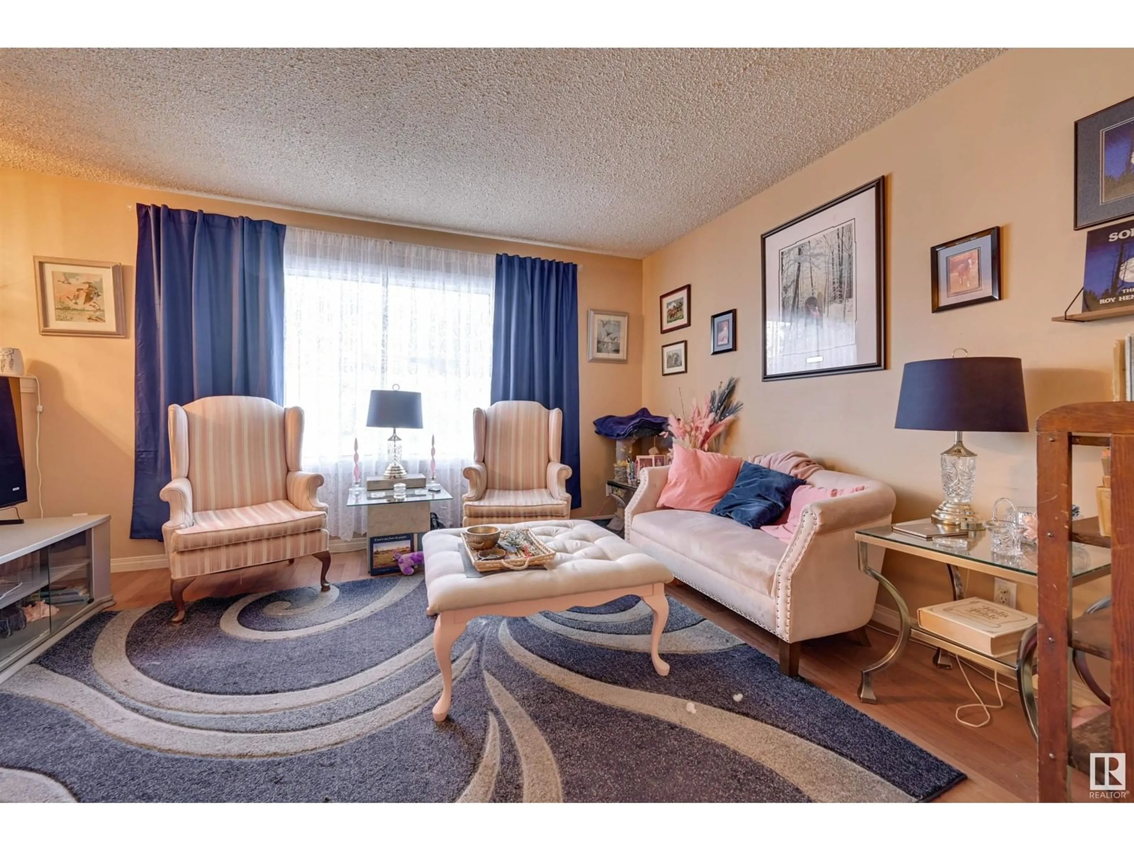 Living room with furniture, carpet floor for 12027 104 ST NW, Edmonton Alberta T5G2L5