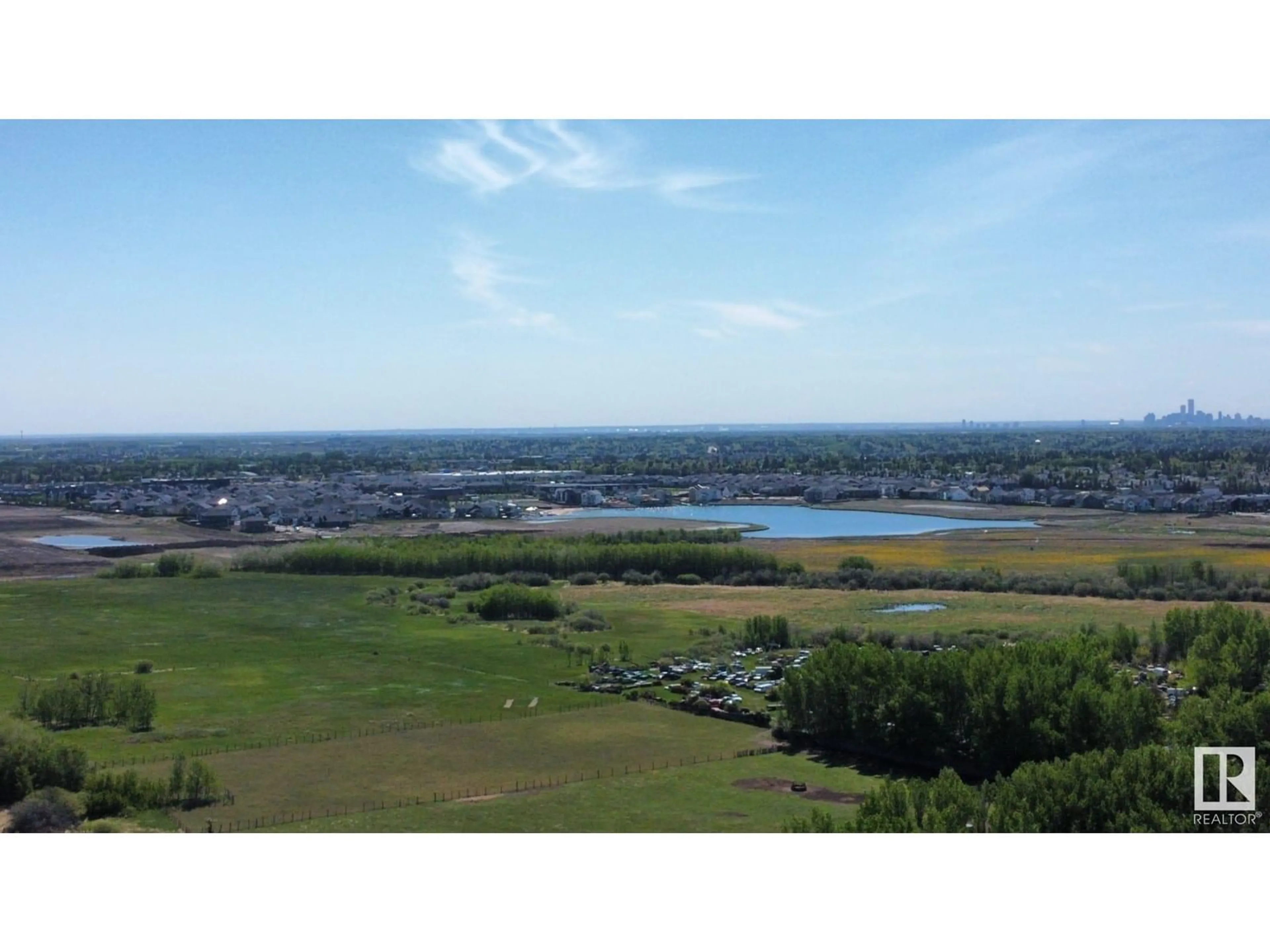 A pic from outside/outdoor area/front of a property/back of a property/a pic from drone, water/lake/river/ocean view for 54230 RR 255, St. Albert Alberta T8T0T6