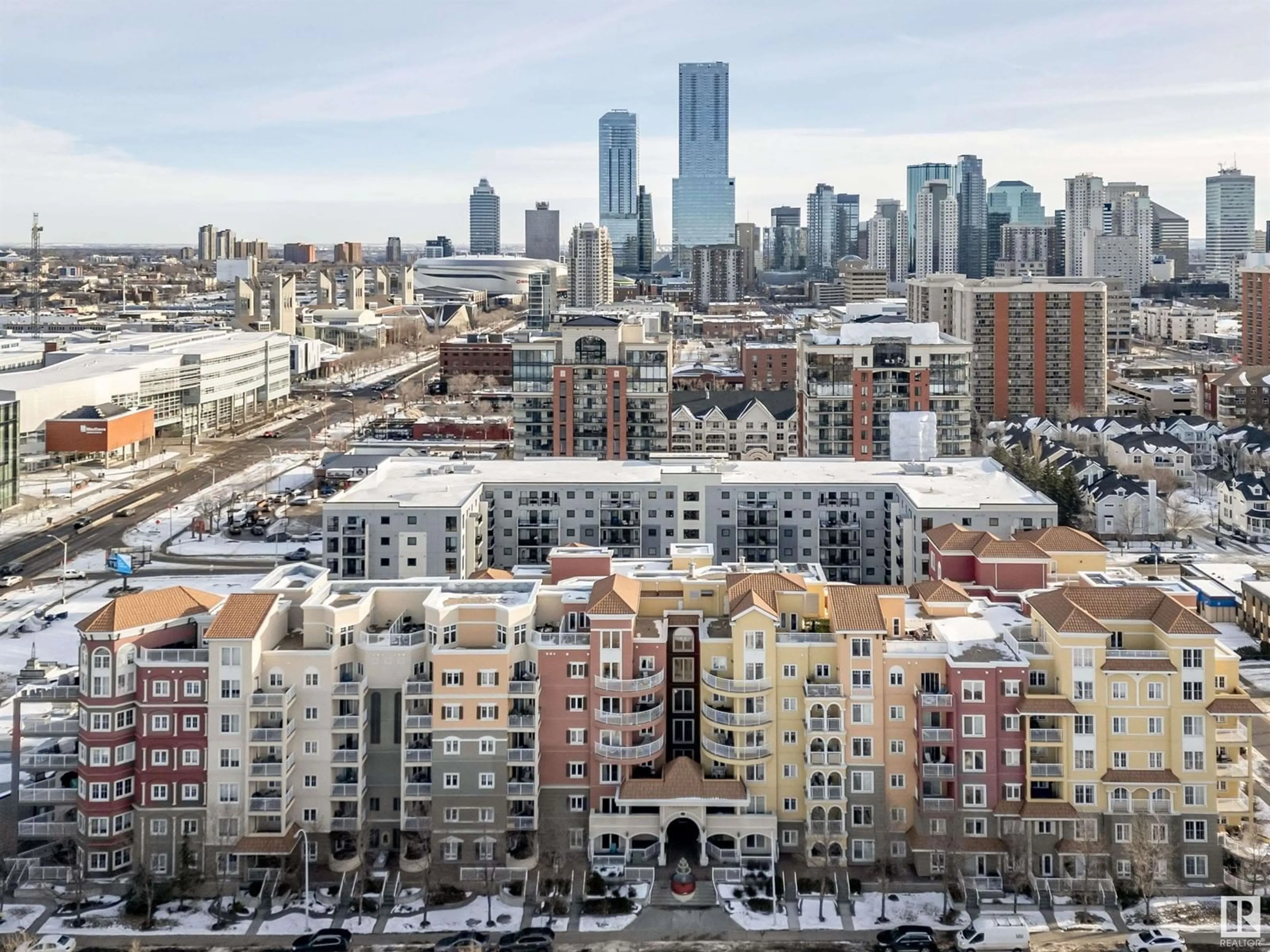 A pic from outside/outdoor area/front of a property/back of a property/a pic from drone, city buildings view from balcony for #501 10333 112 ST NW, Edmonton Alberta T5K0B4