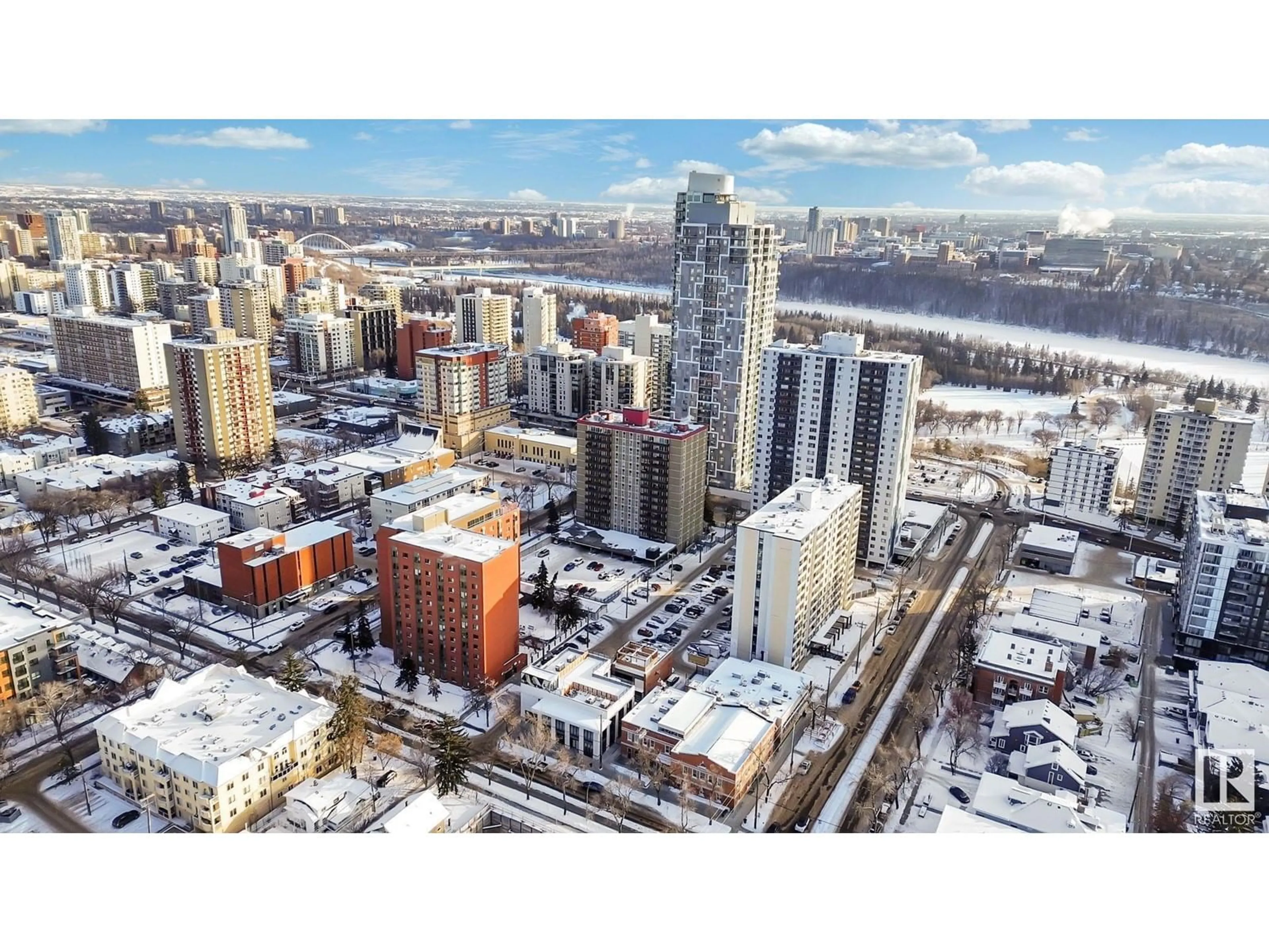 A pic from outside/outdoor area/front of a property/back of a property/a pic from drone, city buildings view from balcony for #1605 10140 120 ST NW, Edmonton Alberta T5K1Z8