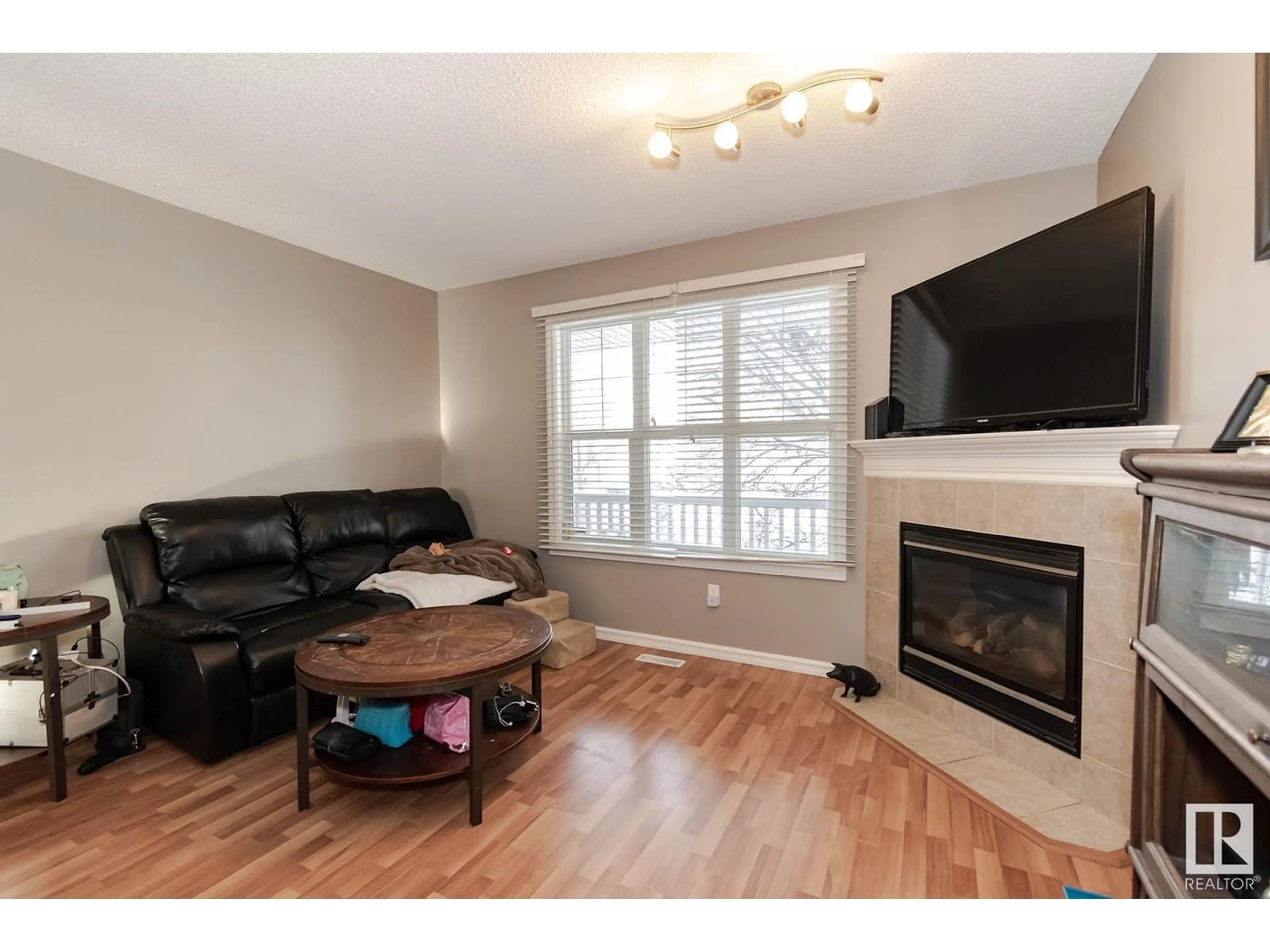 Living room with furniture, wood/laminate floor for 21223 91 AV NW, Edmonton Alberta T5T0W4