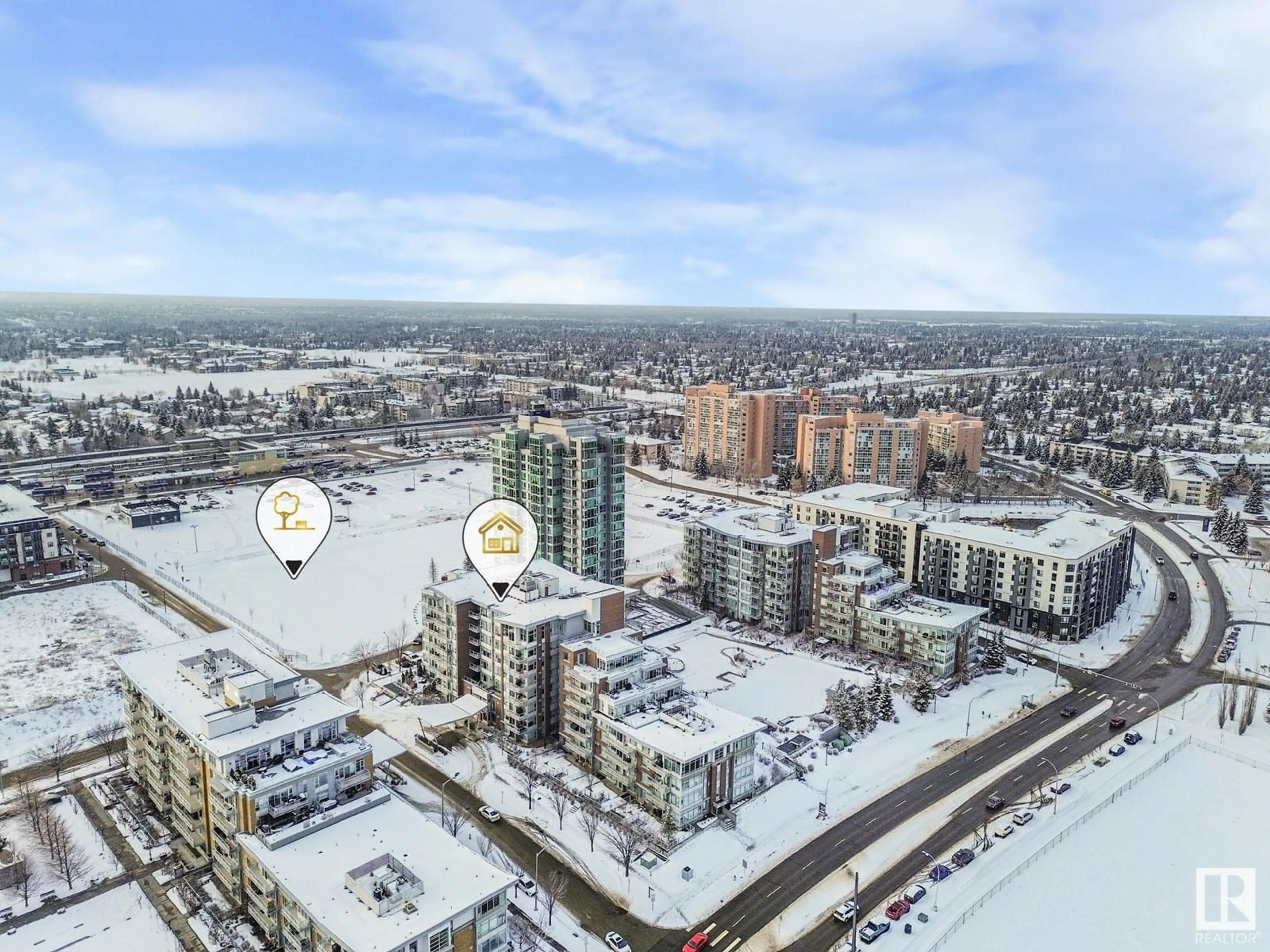 A pic from outside/outdoor area/front of a property/back of a property/a pic from drone, city buildings view from balcony for #210 2606 109 ST NW, Edmonton Alberta T6J3S9