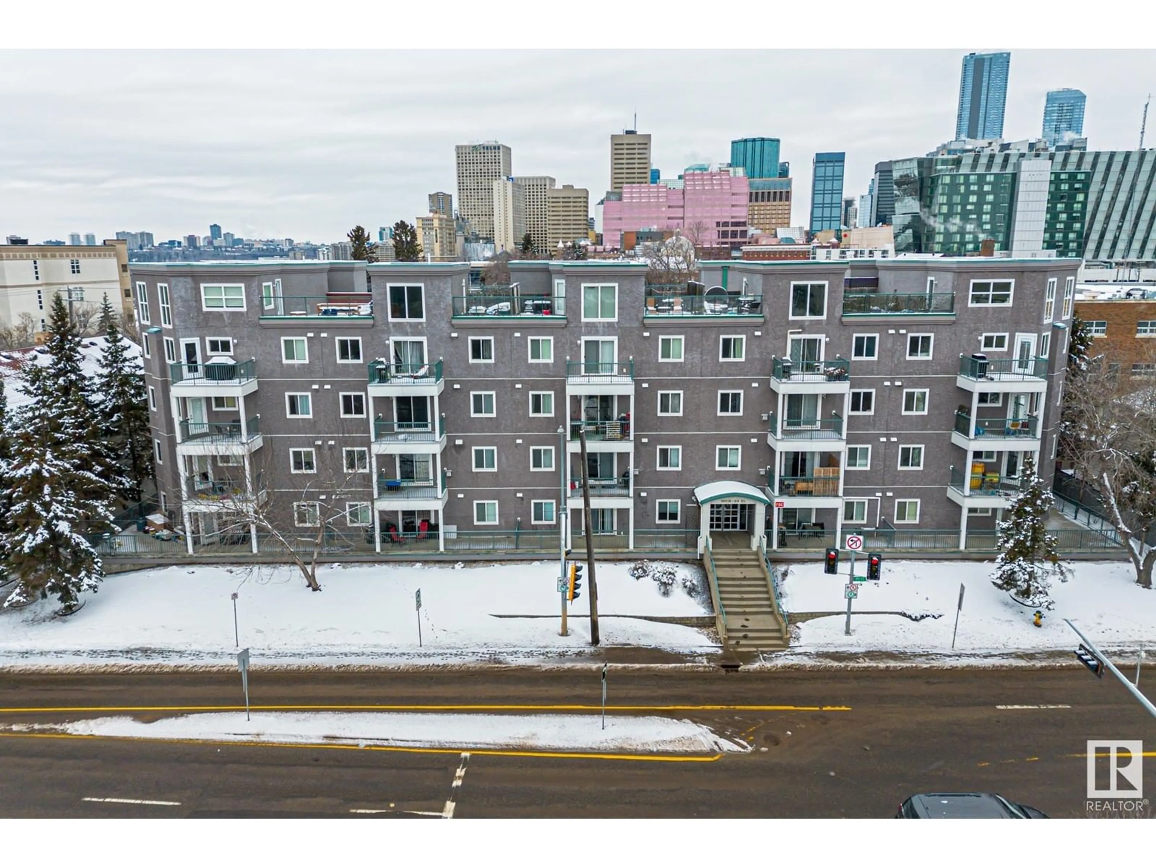 A pic from outside/outdoor area/front of a property/back of a property/a pic from drone, city buildings view from balcony for #208 10118 95 ST NW, Edmonton Alberta T5H4R6