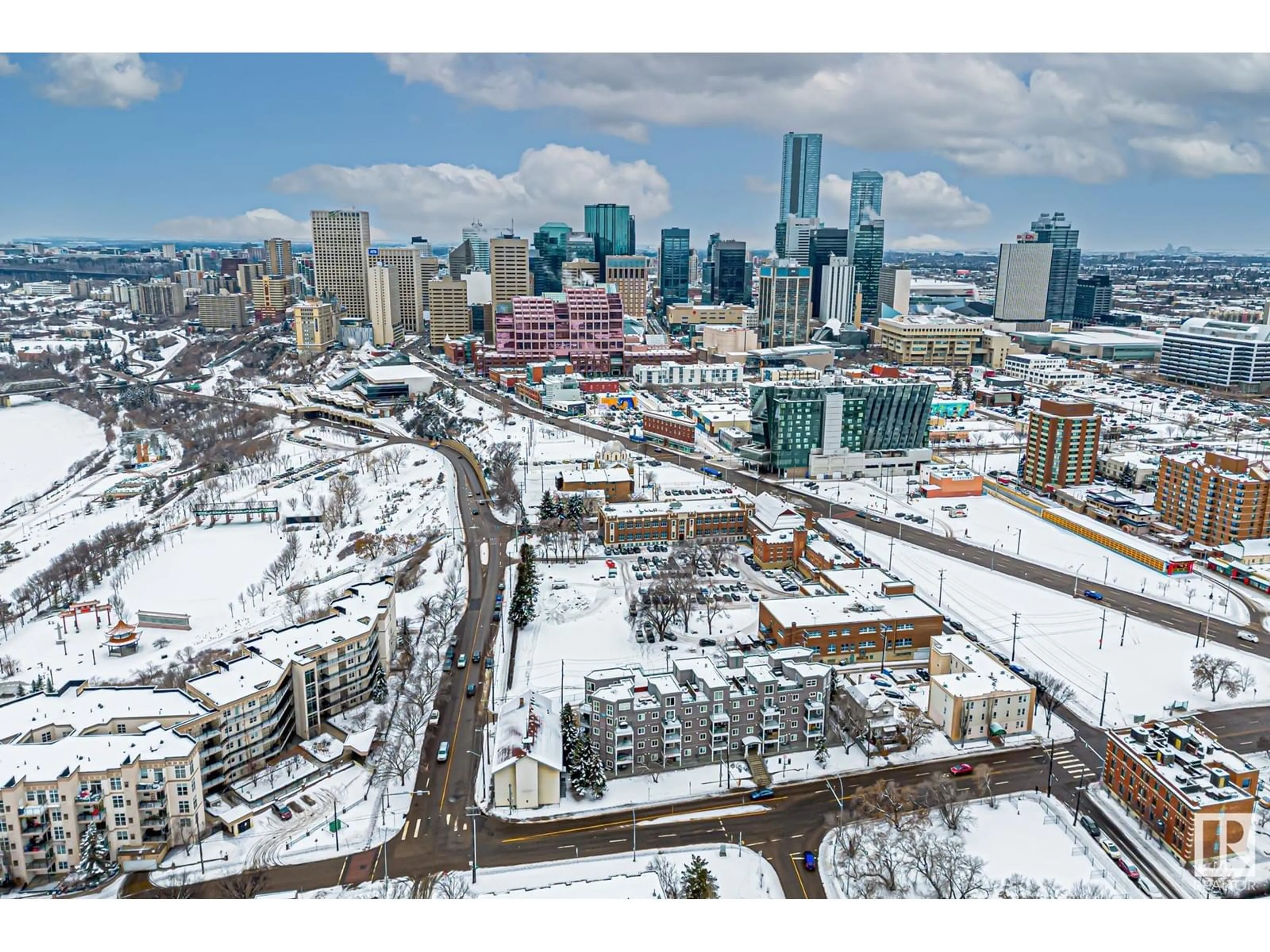 A pic from outside/outdoor area/front of a property/back of a property/a pic from drone, city buildings view from balcony for #208 10118 95 ST NW, Edmonton Alberta T5H4R6