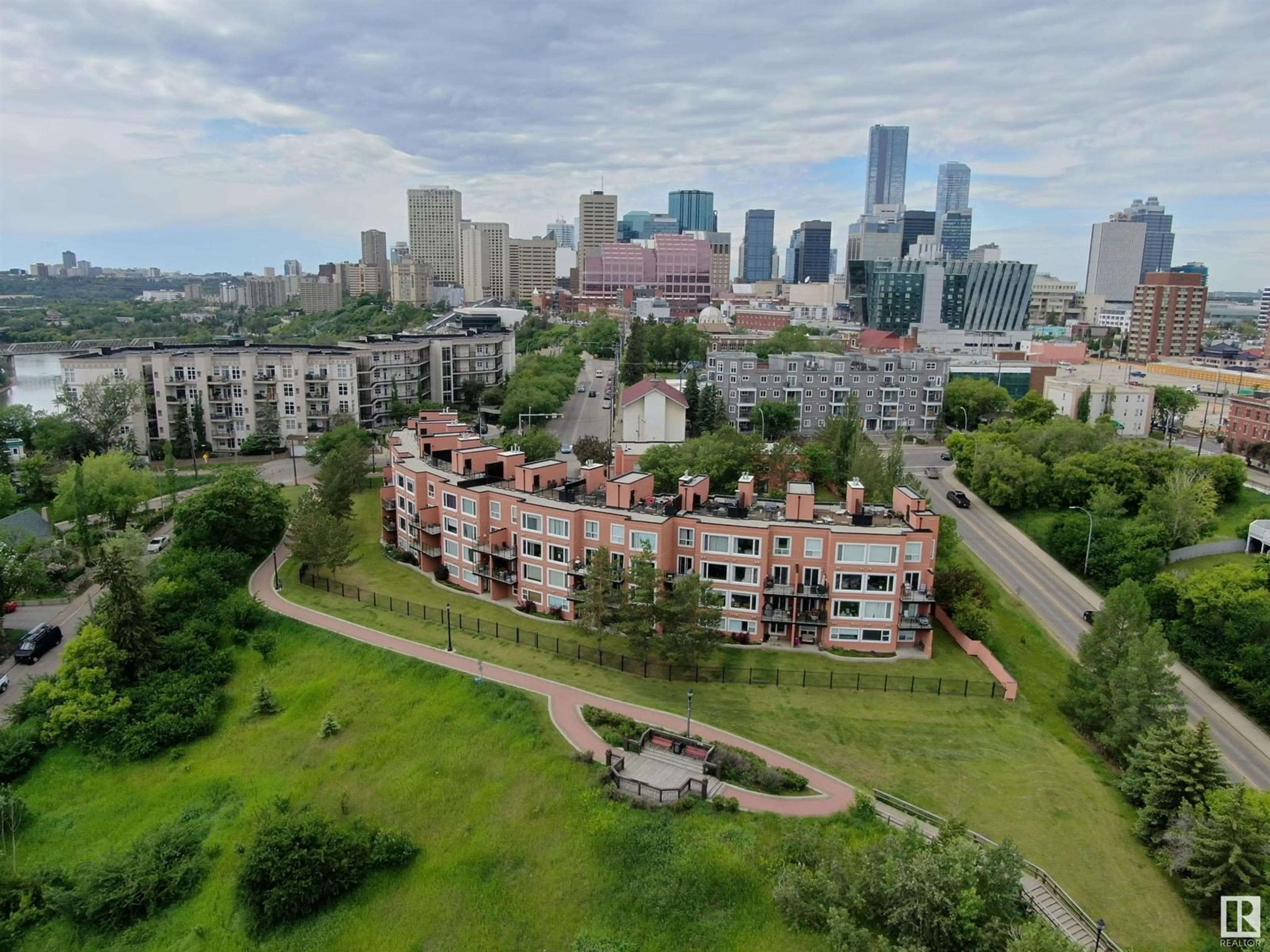 A pic from outside/outdoor area/front of a property/back of a property/a pic from drone, city buildings view from balcony for #108 10105 95 ST NW, Edmonton Alberta T5H4M4