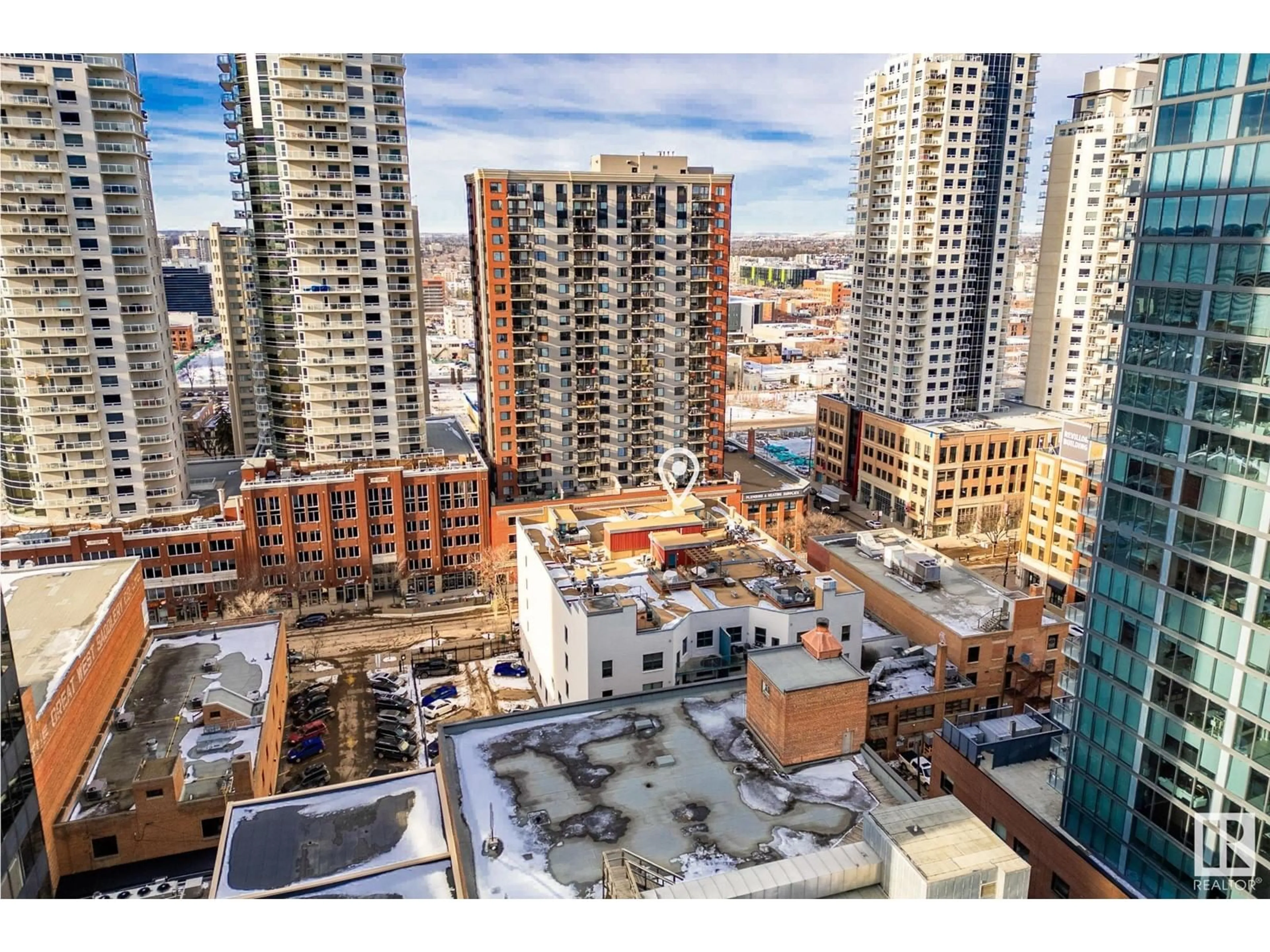 A pic from outside/outdoor area/front of a property/back of a property/a pic from drone, city buildings view from balcony for #302 10169 104 ST NW, Edmonton Alberta T5J1A5