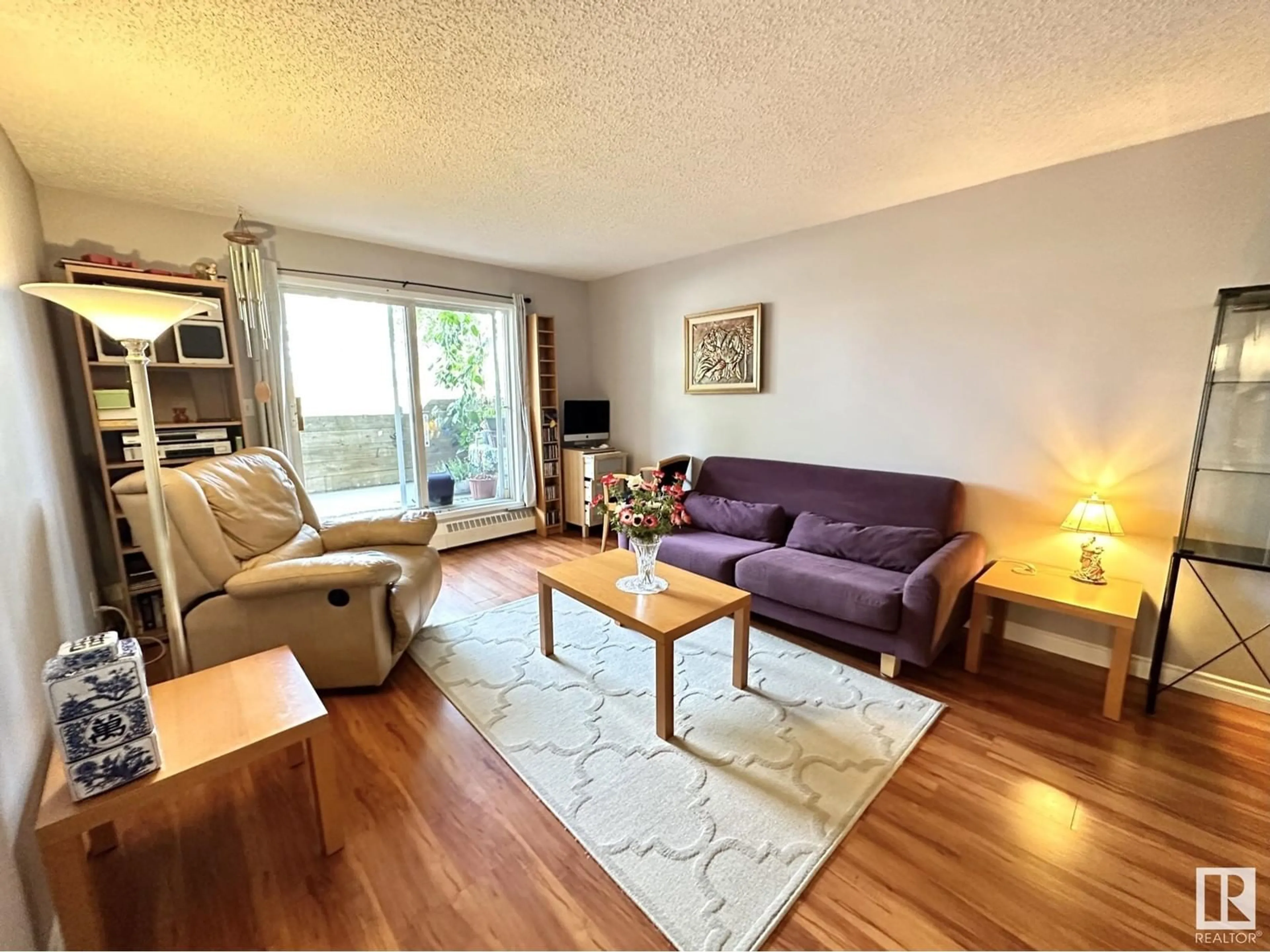 Living room with furniture, wood/laminate floor for #111 11620 9A AV NW, Edmonton Alberta T6J7B4