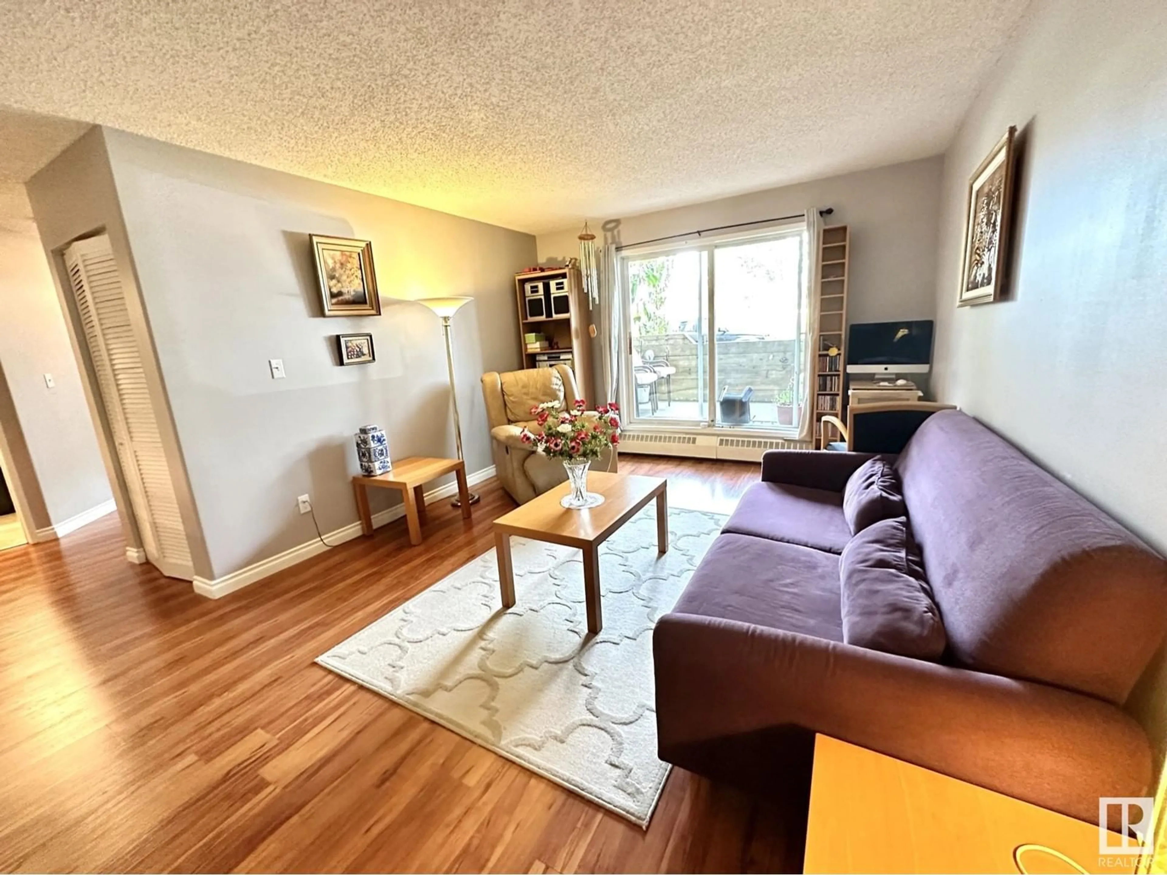 Living room with furniture, wood/laminate floor for #111 11620 9A AV NW, Edmonton Alberta T6J7B4