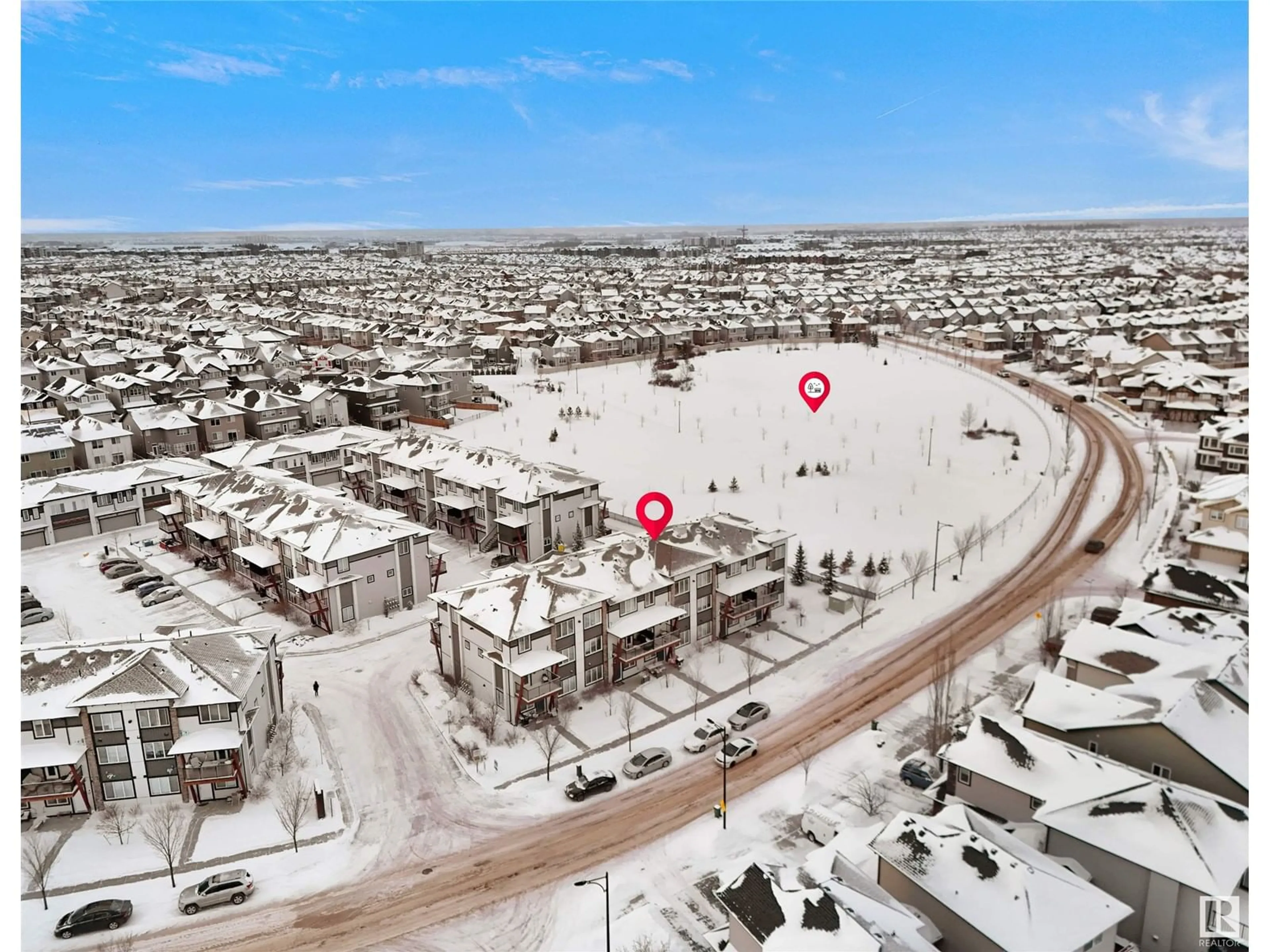 A pic from outside/outdoor area/front of a property/back of a property/a pic from drone, street for #80 446 ALLARD BV SW, Edmonton Alberta T6W3S7