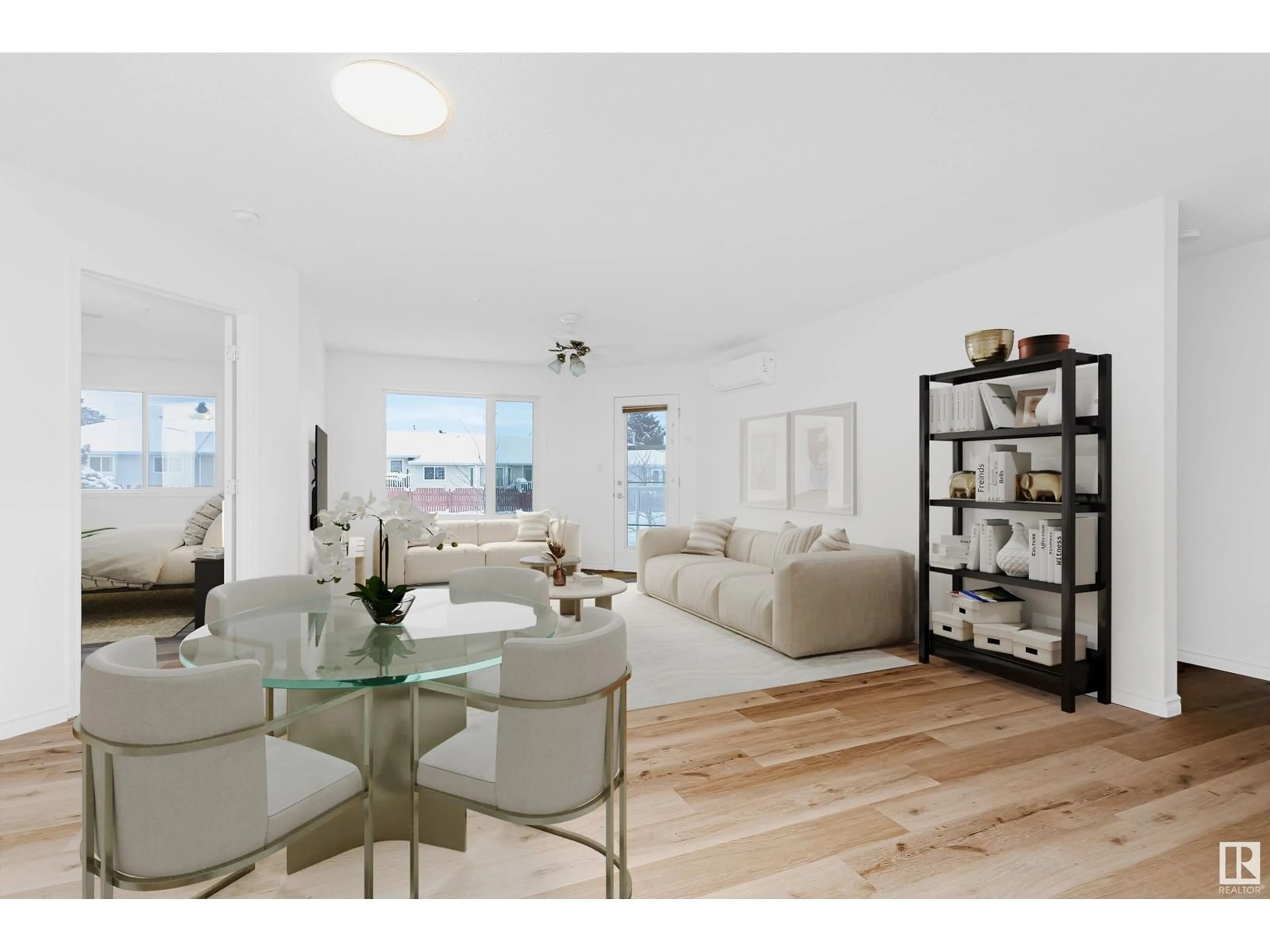 Living room with furniture, wood/laminate floor for #213 69 CRYSTAL LN, Sherwood Park Alberta T8H2E9