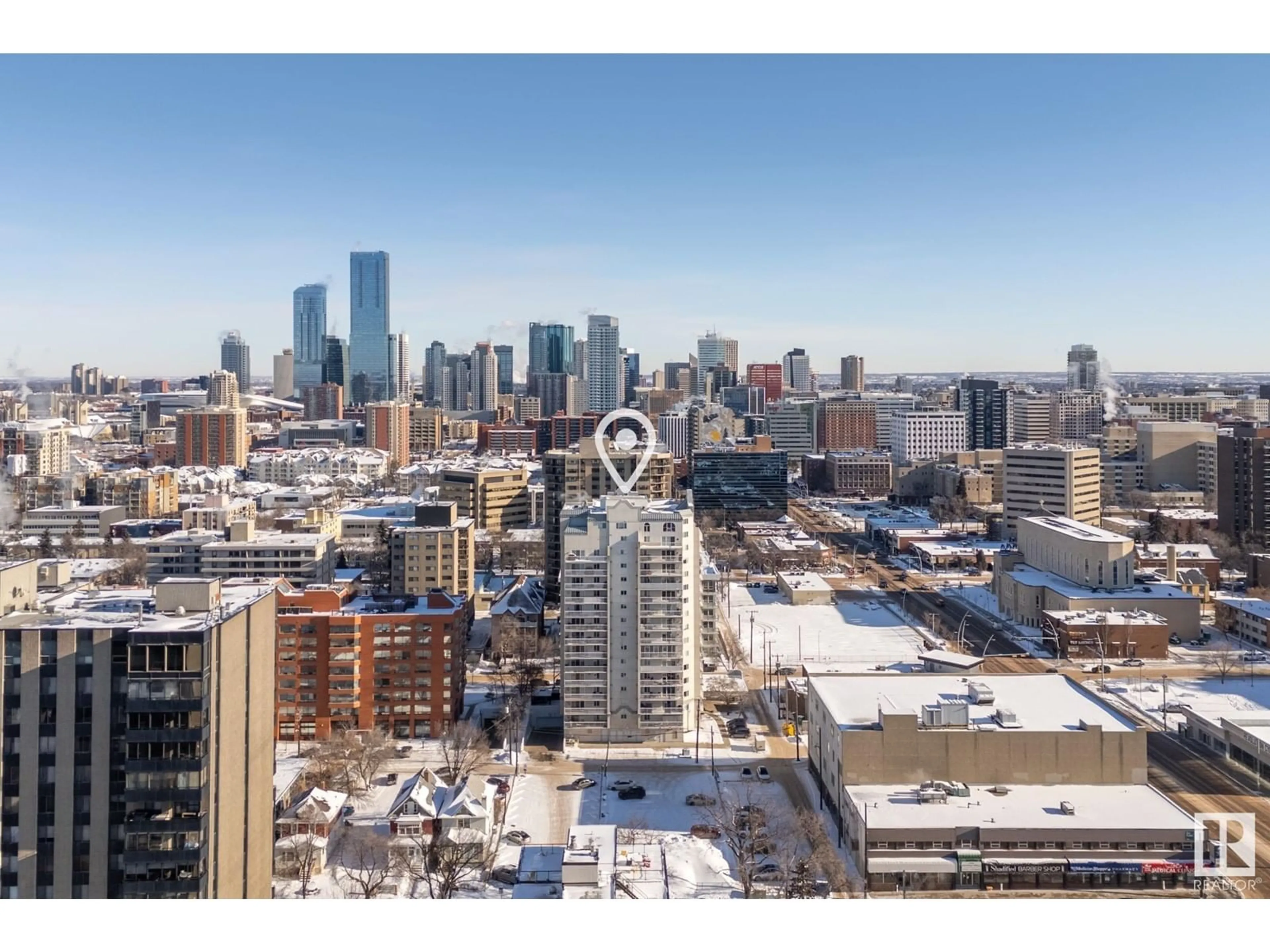 A pic from outside/outdoor area/front of a property/back of a property/a pic from drone, city buildings view from balcony for #501 10130 114 ST NW, Edmonton Alberta T5K2S6