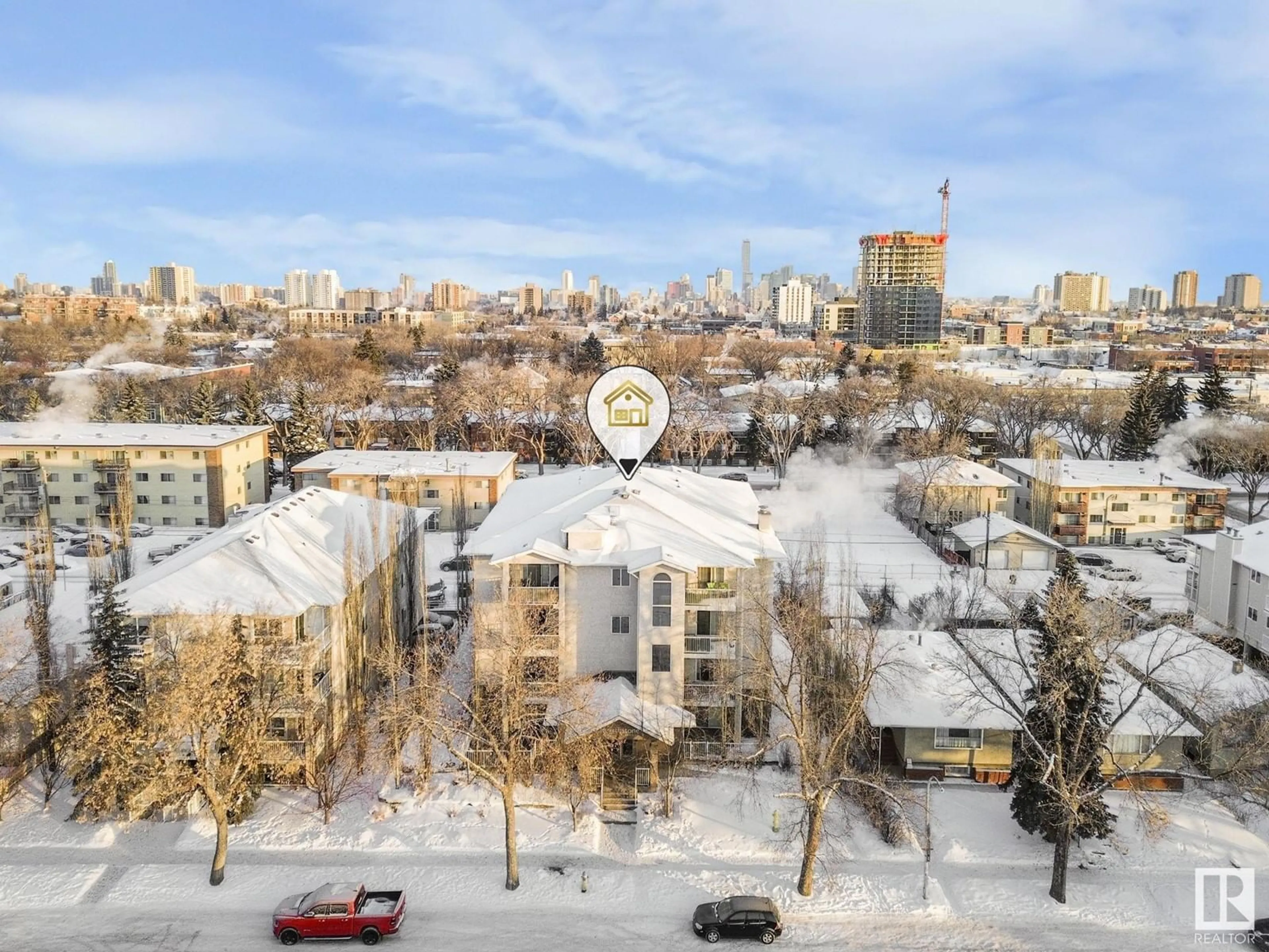 A pic from outside/outdoor area/front of a property/back of a property/a pic from drone, city buildings view from balcony for #304 - 10524 77 AV, Edmonton Alberta T6E1N1