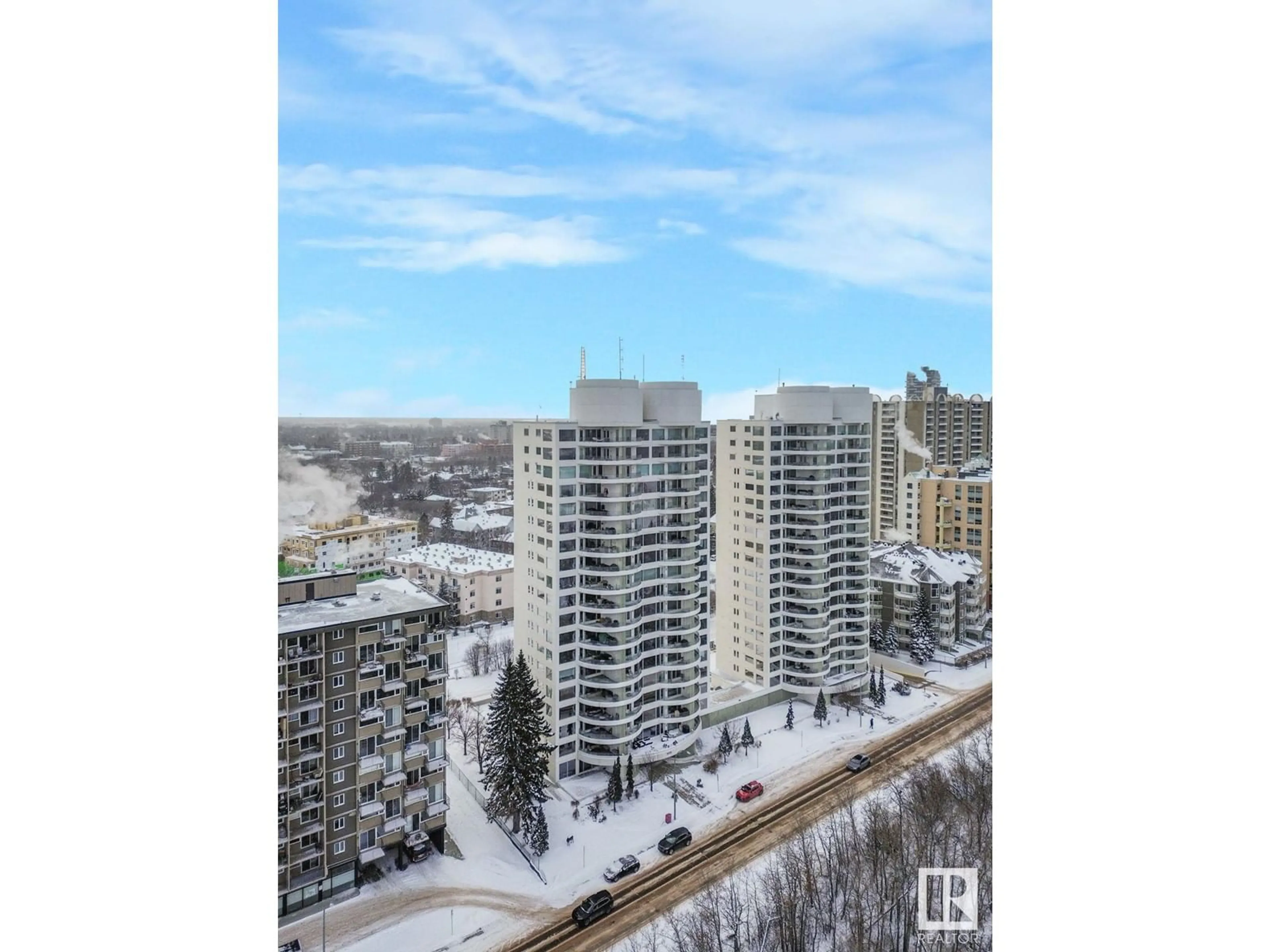 A pic from outside/outdoor area/front of a property/back of a property/a pic from drone, city buildings view from balcony for #401 10721 SASKATCHEWAN DR NW, Edmonton Alberta T6E6J5