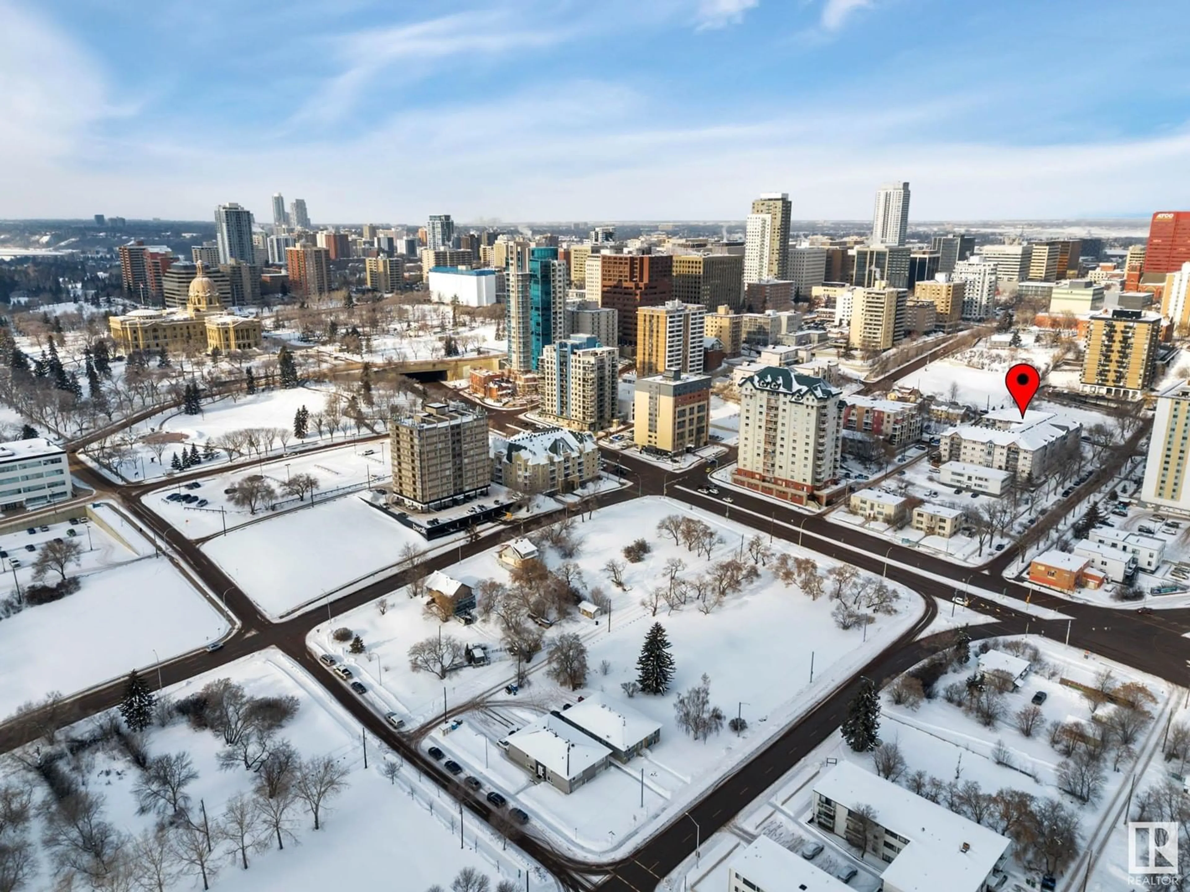 A pic from outside/outdoor area/front of a property/back of a property/a pic from drone, city buildings view from balcony for #211 10403 98 AV NW, Edmonton Alberta T5K2Y5