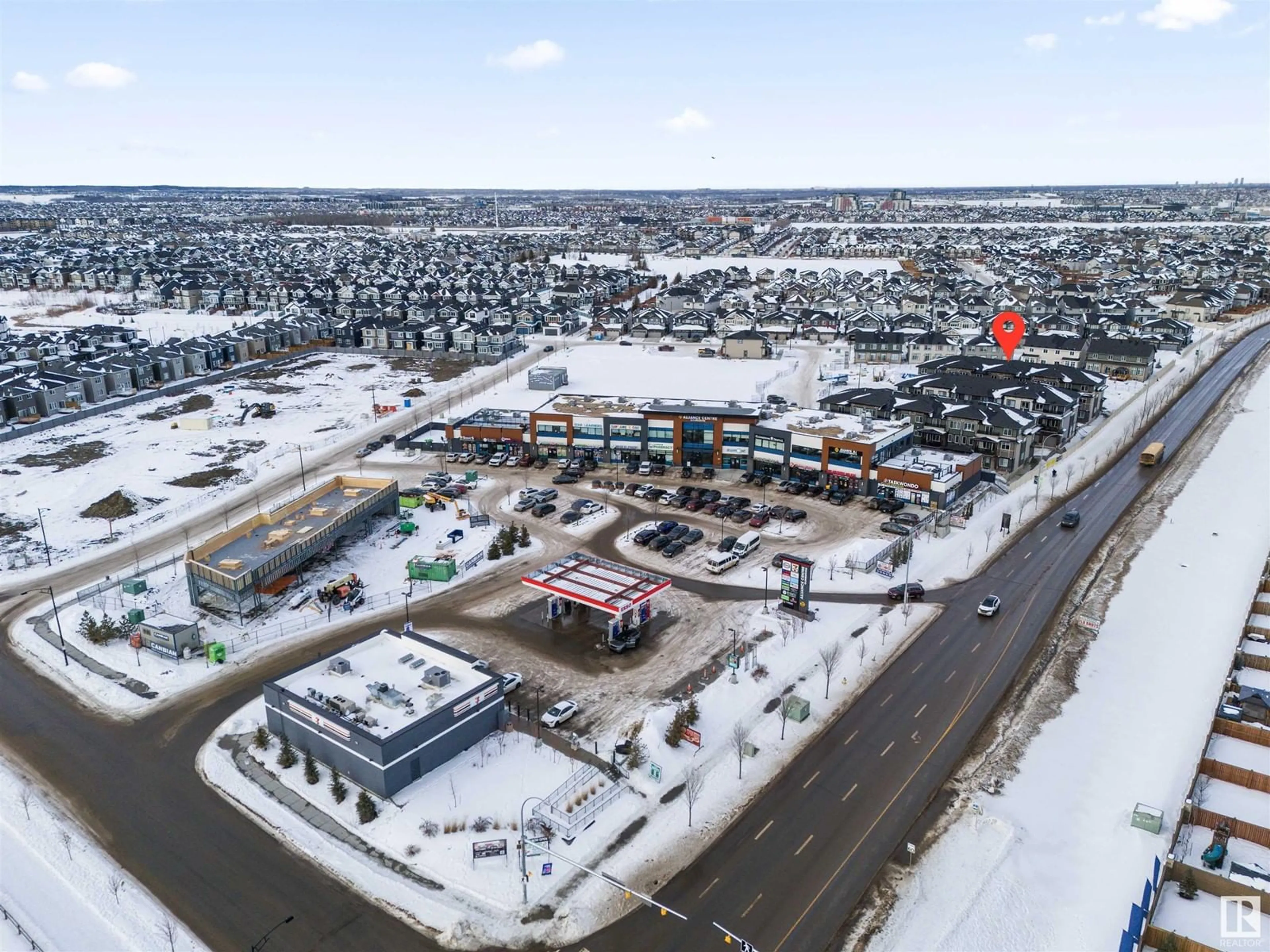 A pic from outside/outdoor area/front of a property/back of a property/a pic from drone, street for #63 16231 19 AV SW, Edmonton Alberta T6W5C6